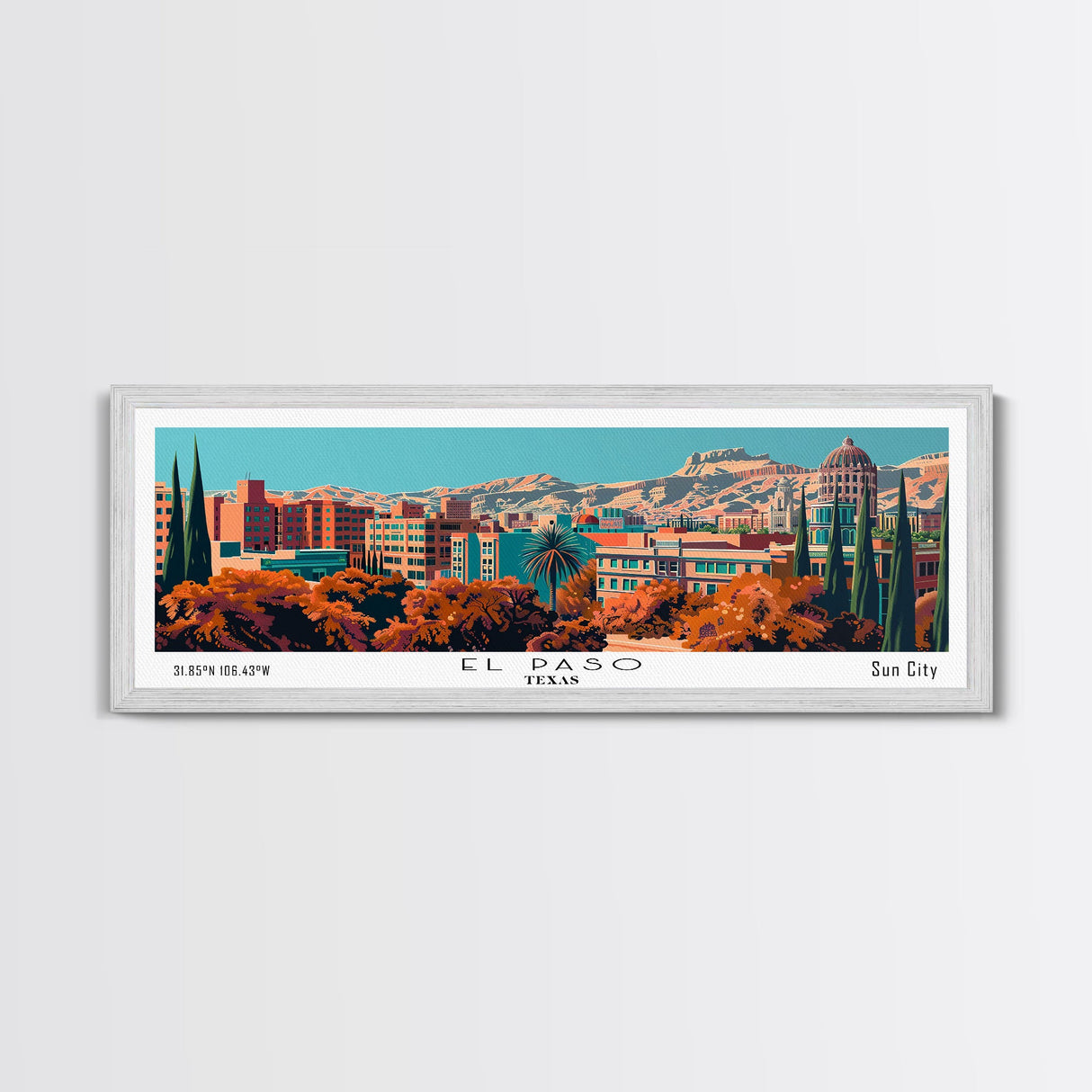 El Paso Texas Panoramic Painting, Framed Canvas Print, Mid Century Modern Wall Art, Retro Pop Art Travel Poster, Home Decor, City Art