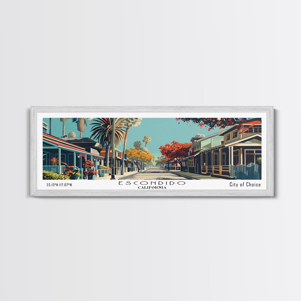 Escondido California Panoramic Painting, Framed Canvas Print, Mid Century Modern Wall Art, Retro Pop Art Travel Poster, Living Room Decor, City Art