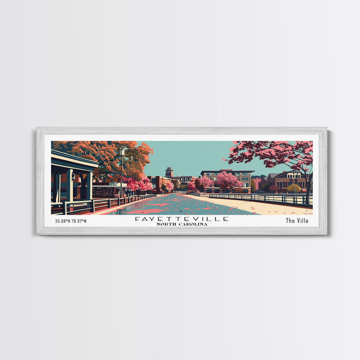 Fayetteville North Carolina Panoramic Painting, Framed Canvas Print, Mid Century Modern Wall Art, Retro Pop Art Travel Poster, Home Decor, City Art