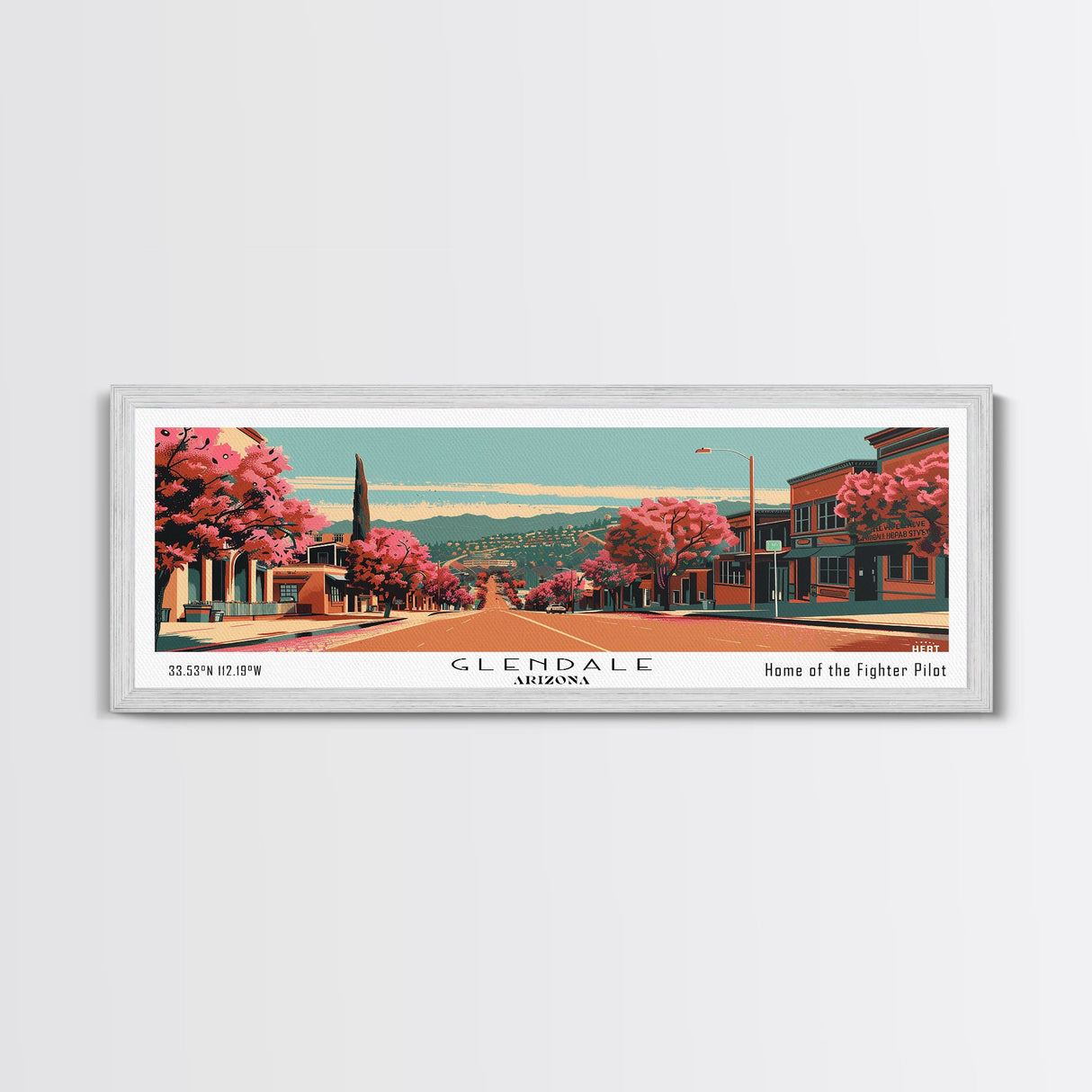 Glendale Arizona Panoramic Wall Art, Framed Canvas Print, Mid Century Modern Style, Retro Pop Art Travel Poster, Living Room Art, Home Decor, Cityscape