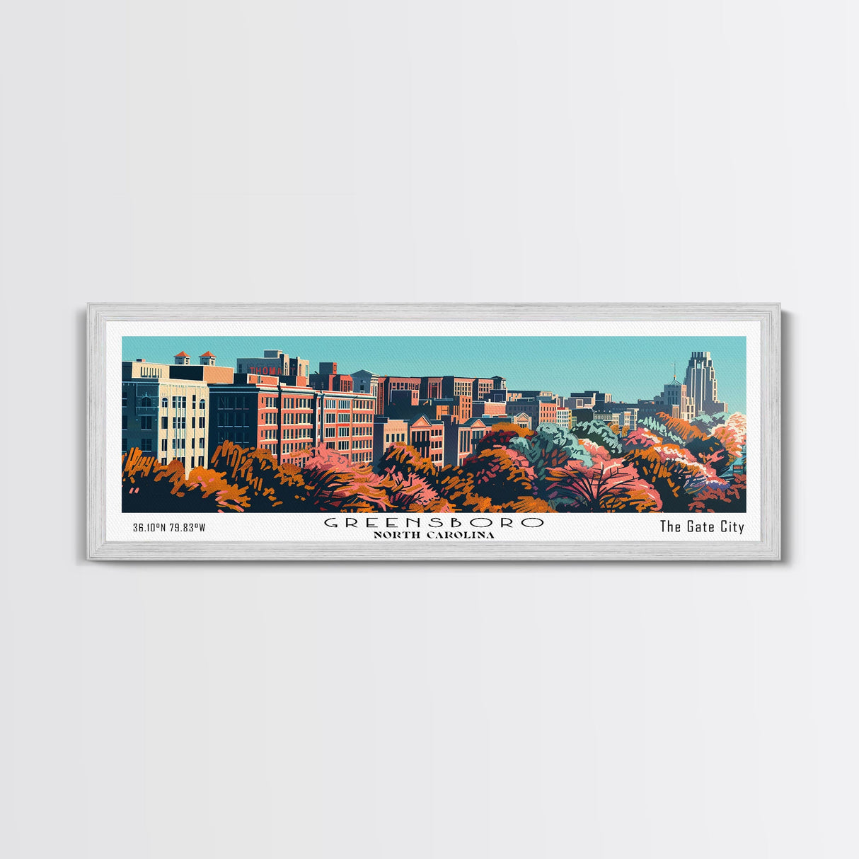 Greensboro North Carolina Panoramic Painting, Mid Century Modern Framed Canvas Print, Retro Pop Art Travel Poster, Cityscape Wall Art, Living Room Decor, Office Art