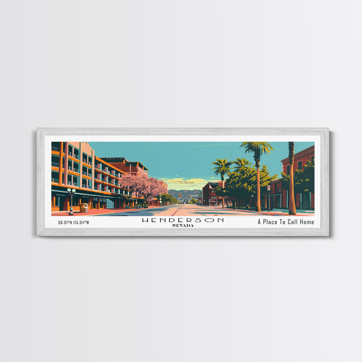 Henderson Nevada Panoramic Painting, Mid Century Modern Framed Canvas Print, City Art, Retro Pop Art Travel Poster, Living Room Decor, Home Office Art, Cityscape