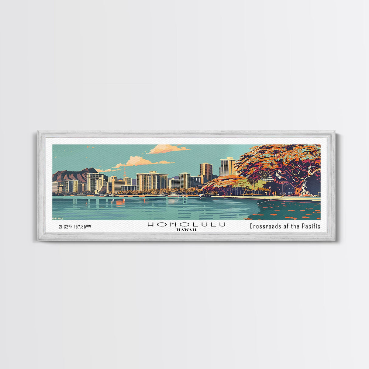 Honolulu Hawaii Panoramic Painting, Mid Century Modern Framed Canvas Print, Retro Pop Art Travel Poster, Cityscape Wall Art, Home Decor, Living Room Art, Office Wall Art