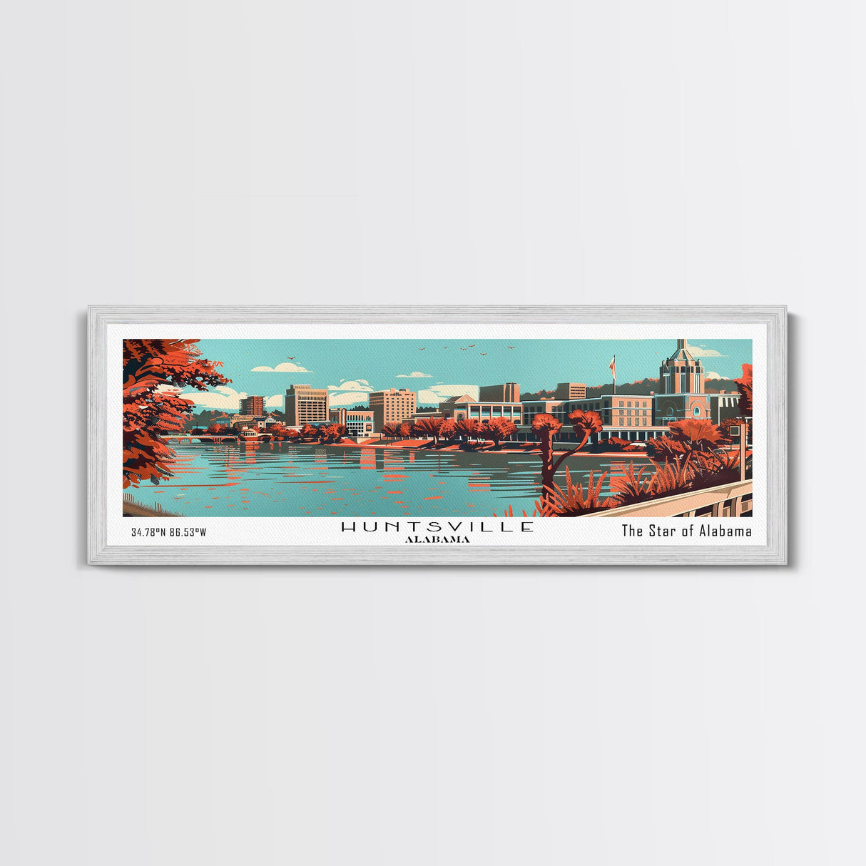 Huntsville Alabama Panoramic Painting, Mid Century Modern Framed Canvas Print, City Art, Retro Pop Art Travel Poster, Living Room Decor, Office Art, Cityscape Wall Art