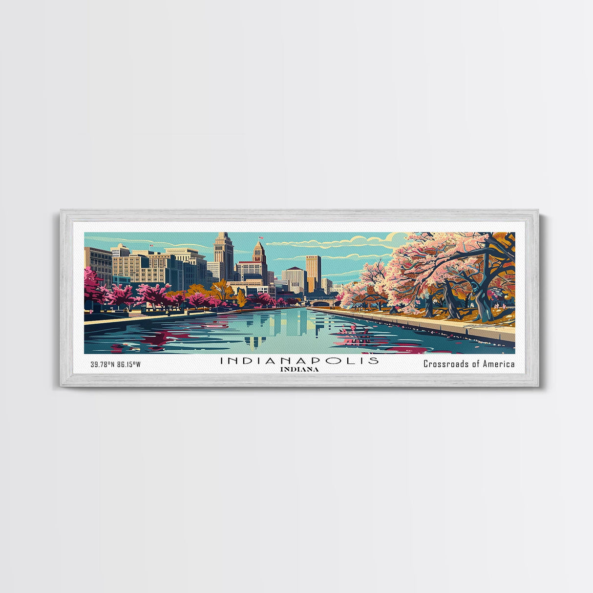 Indianapolis Indiana Panoramic Painting, Framed Canvas Print, Mid Century Modern Wall Art, Retro Pop Art Travel Poster, Cityscape Decor, Living Room Art, Office Wall Art