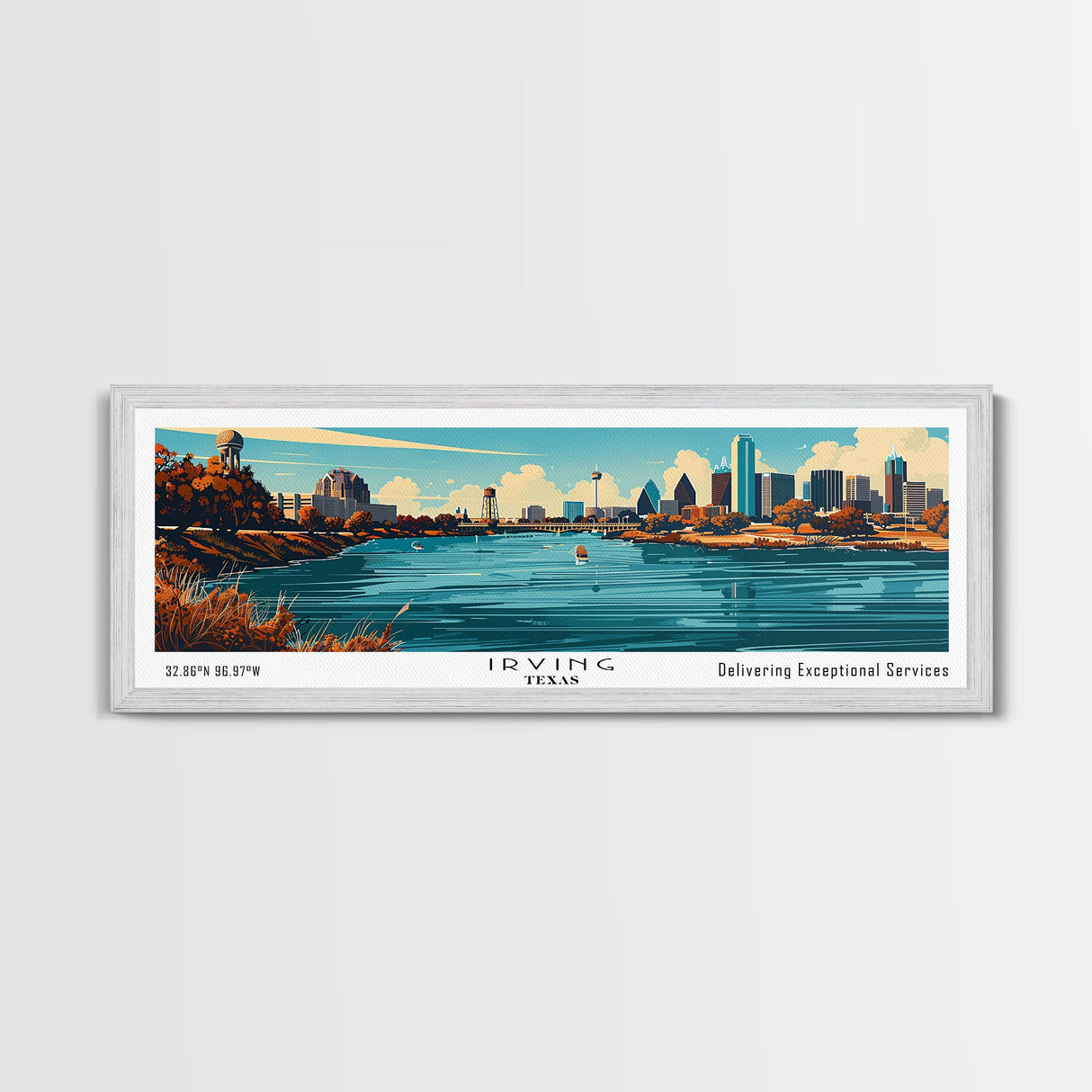 Irving Texas Panoramic Painting, Mid Century Modern Framed Canvas Print, City Art, Retro Pop Art Travel Poster, Living Room Decor, Office Art, Cityscape Wall Art