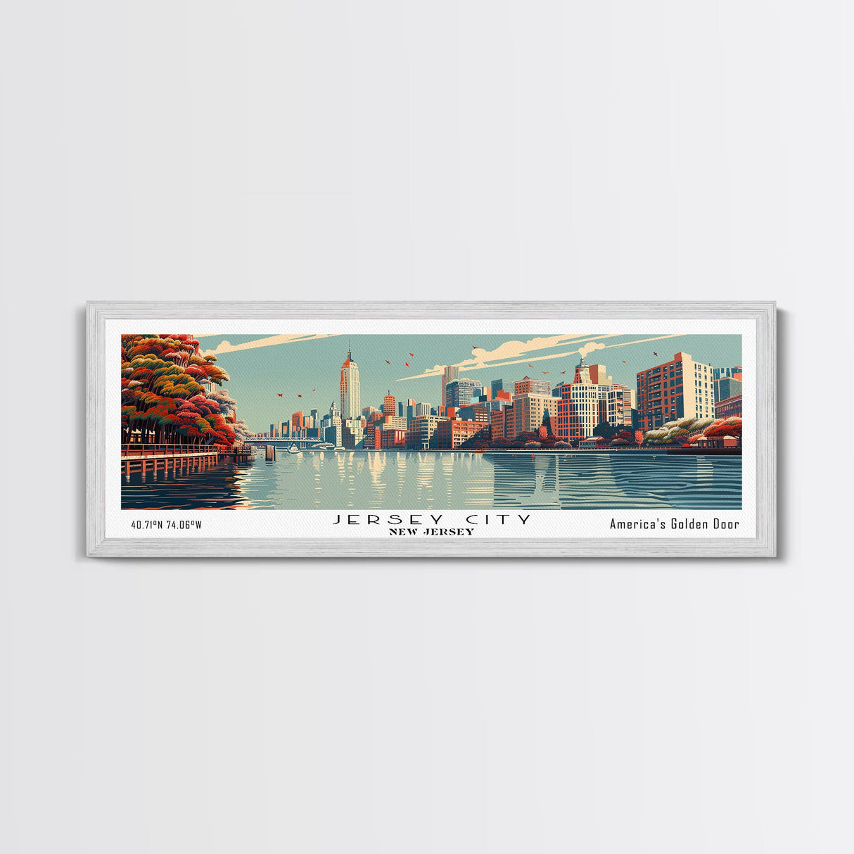 Jersey City New Jersey Panoramic Painting, Framed Canvas Print, Mid Century Modern Wall Art, Retro Pop Art Travel Poster, Cityscape Decor, Office Wall Art, Home Decor