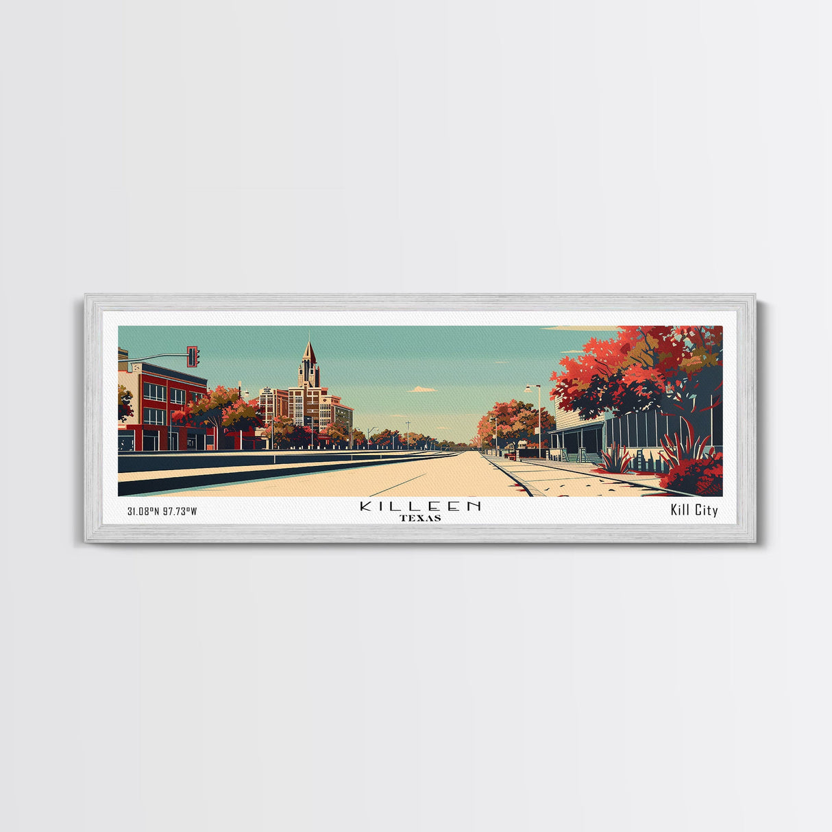 Killeen Texas Panoramic Painting, Mid Century Modern Framed Canvas Print, City Art, Retro Pop Art Travel Poster, Living Room Decor, Office Art, Cityscape Wall Art