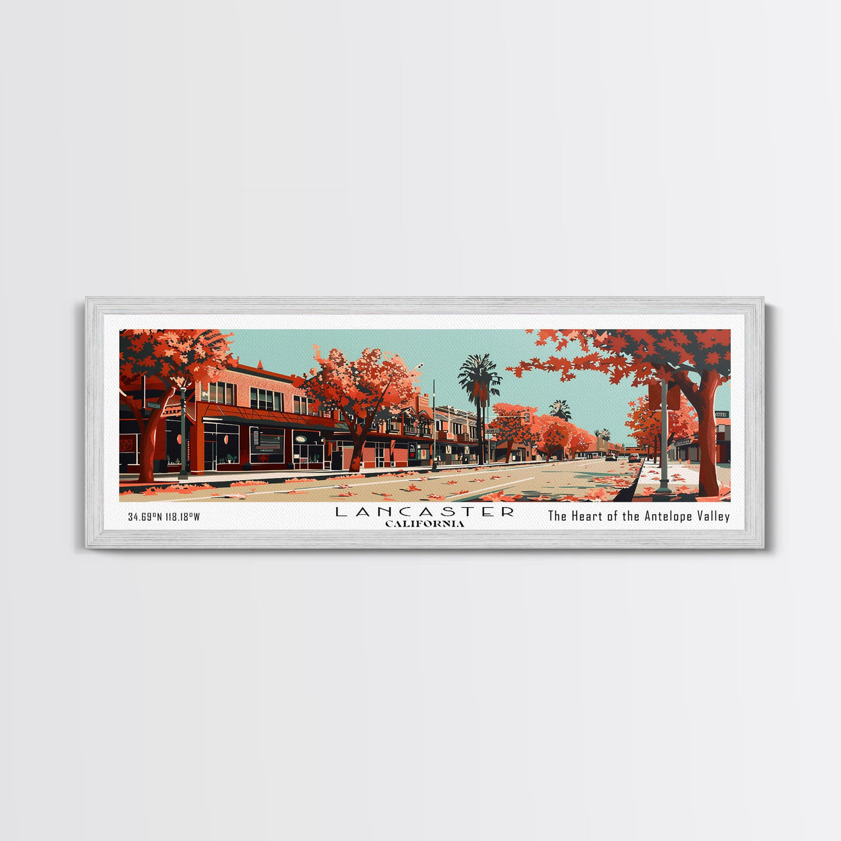 Lancaster California Panoramic Painting, Mid Century Modern Framed Canvas Print, City Art, Retro Pop Art Travel Poster, Living Room Decor, Office Art, Cityscape Wall Art