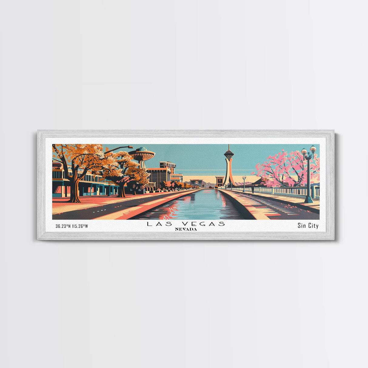 Las Vegas Nevada Panoramic Painting, Framed Canvas Print, Mid Century Modern Wall Art, Retro Pop Art Travel Poster, Cityscape Decor, Living Room Art, Office Wall Art