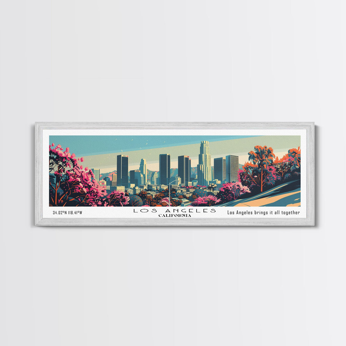 Los Angeles California Mid Century Modern Framed Canvas Print, Retro Pop Art Travel Poster, Home Decor, City Art, Panoramic Painting