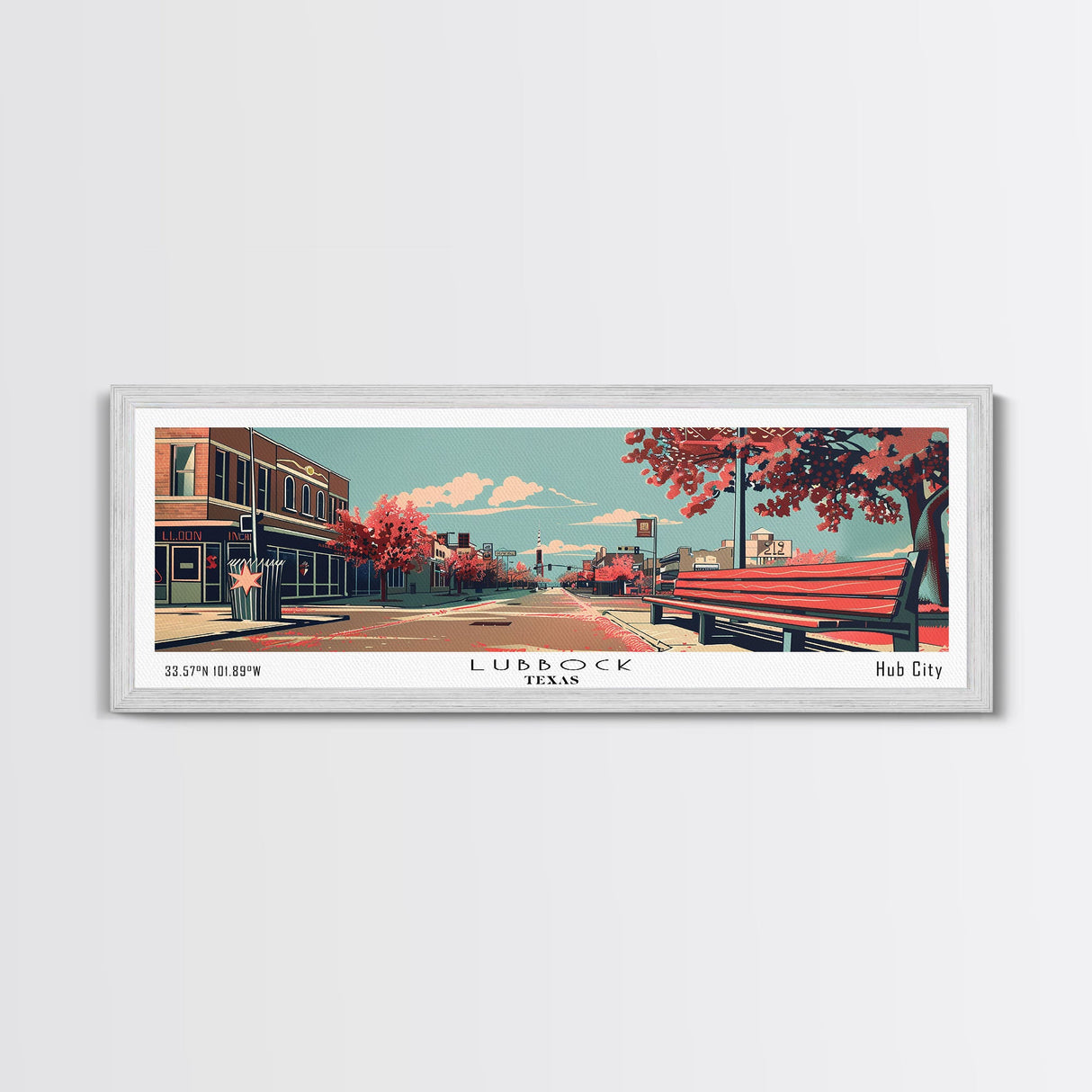 Lubbock Texas Panoramic Painting, Mid Century Modern Framed Canvas Print, Retro Pop Art Travel Poster, Living Room Decor, Gift Idea