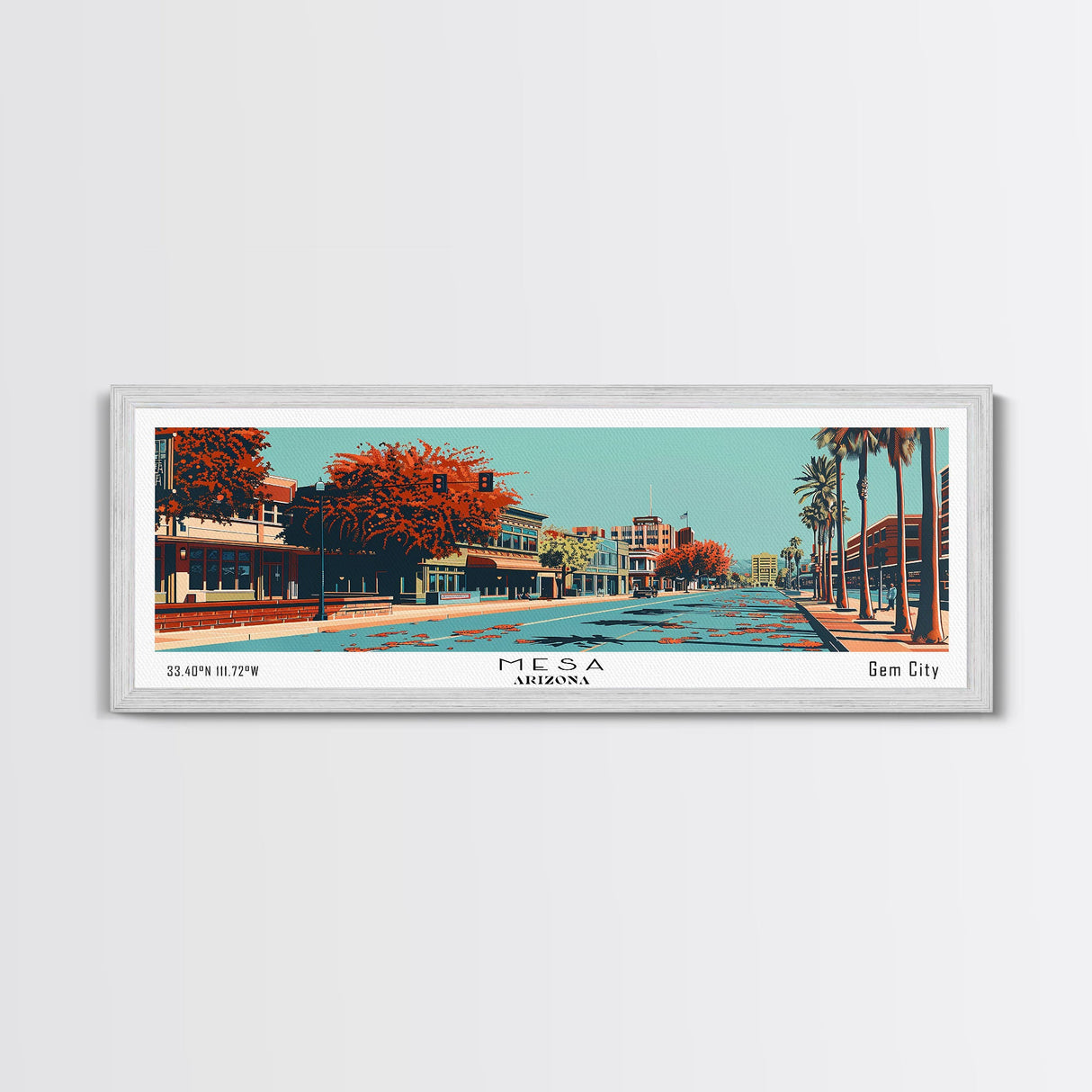 Mesa Arizona Panoramic Painting, Mid Century Modern Framed Canvas Print, Retro Pop Art Travel Poster, Living Room Decor, Gift Idea