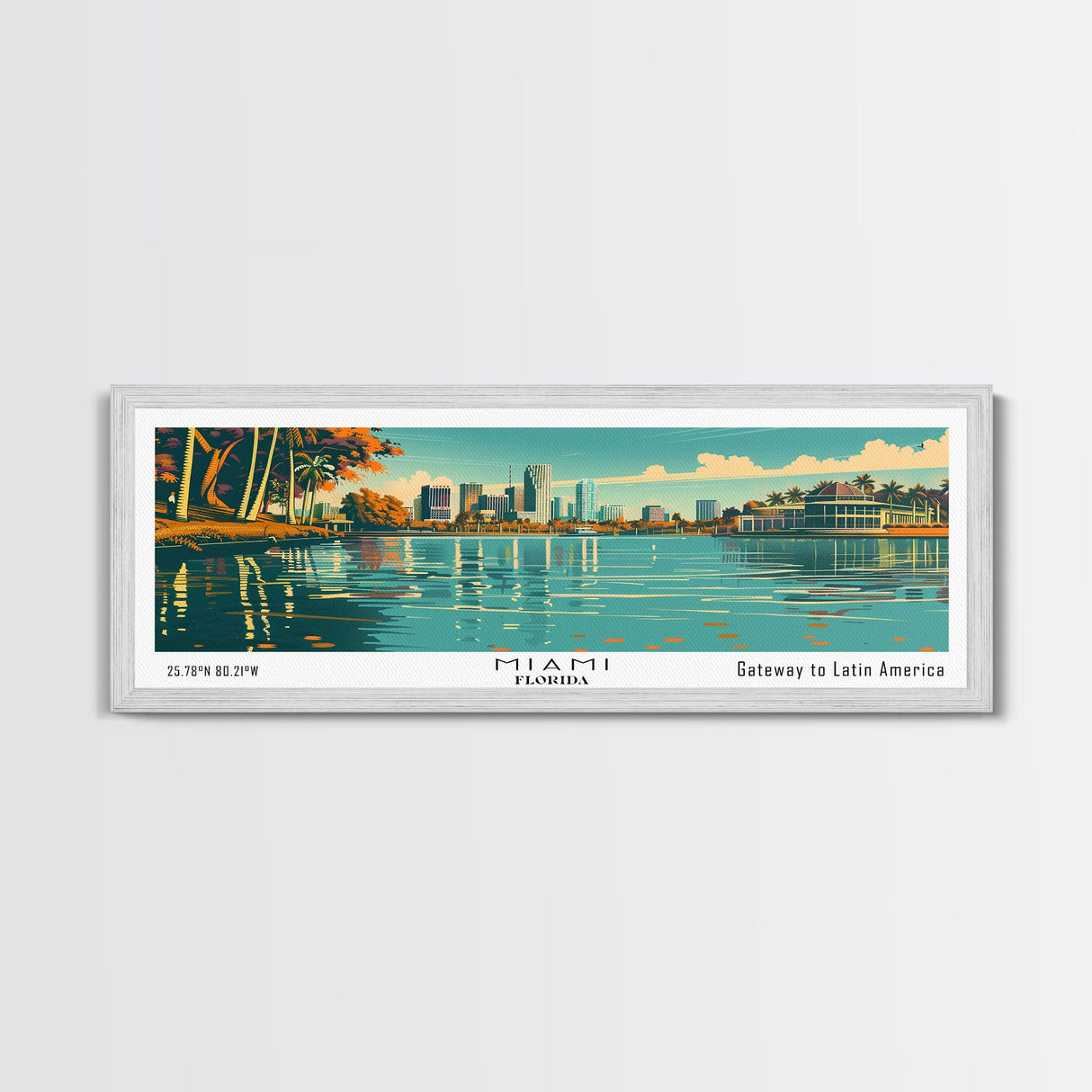 Miami Florida Panoramic View, Mid Century Modern Framed Canvas Print, Retro Pop Art Travel Poster, Home Decor, City Art