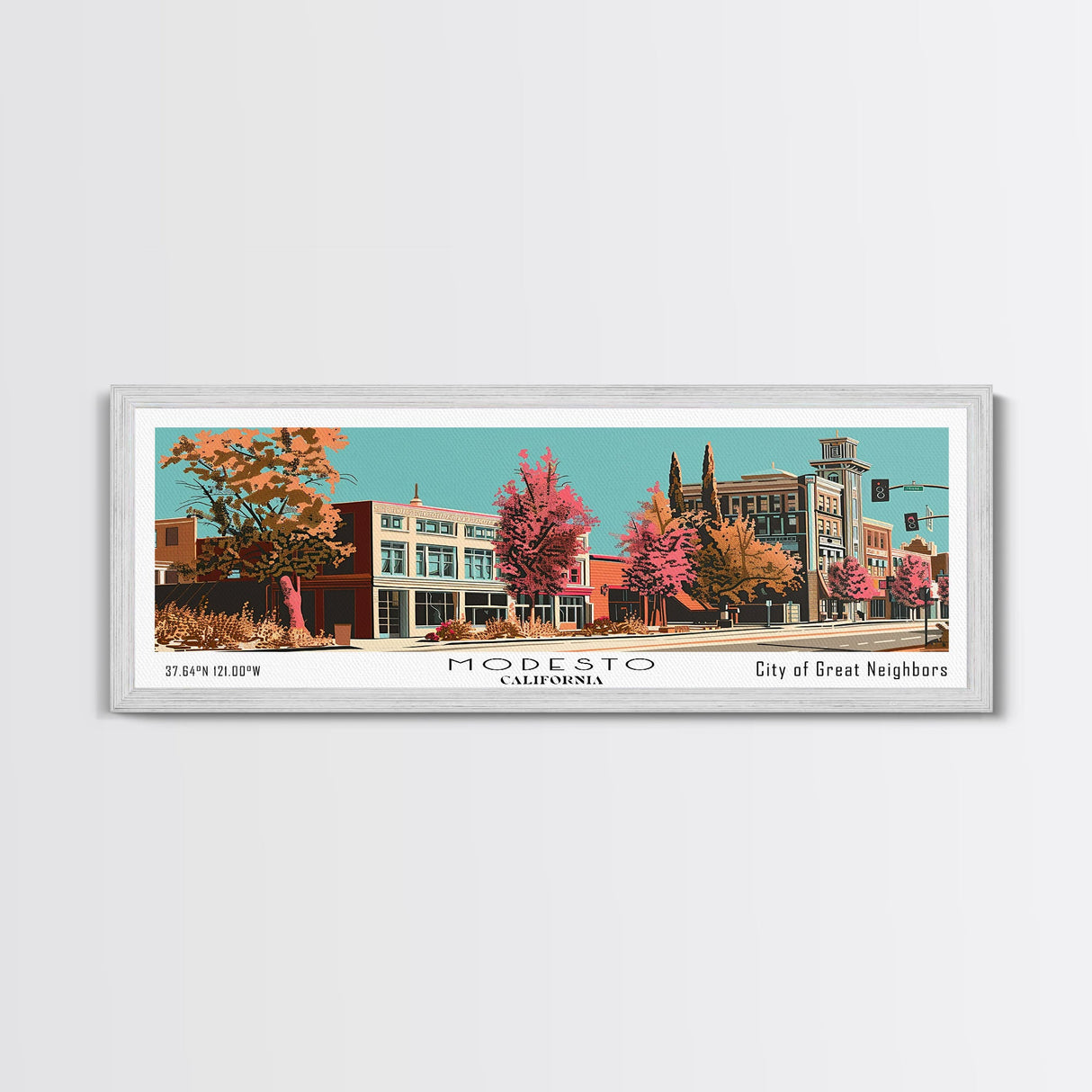 Modesto California Panoramic Wall Art, Mid Century Modern Framed Canvas Print, Retro Pop Art Travel Poster, Office Decor, Living Room Art