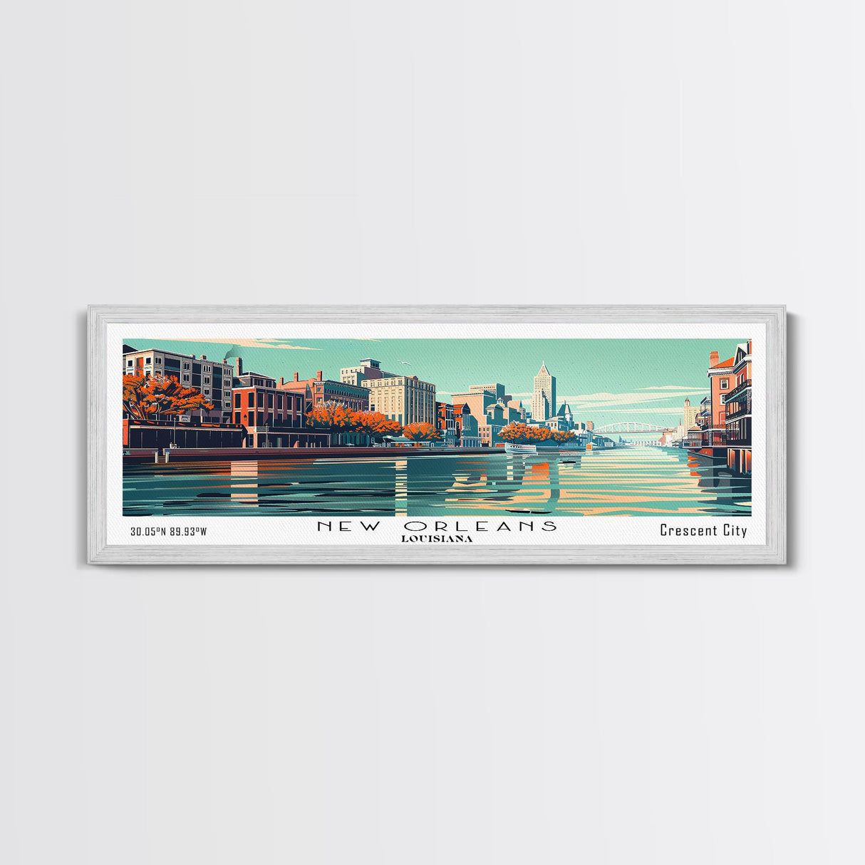 New Orleans Louisiana Panoramic Painting, Mid Century Modern Framed Canvas Print, Retro Pop Art Travel Poster, Home Decor, Living Room Art