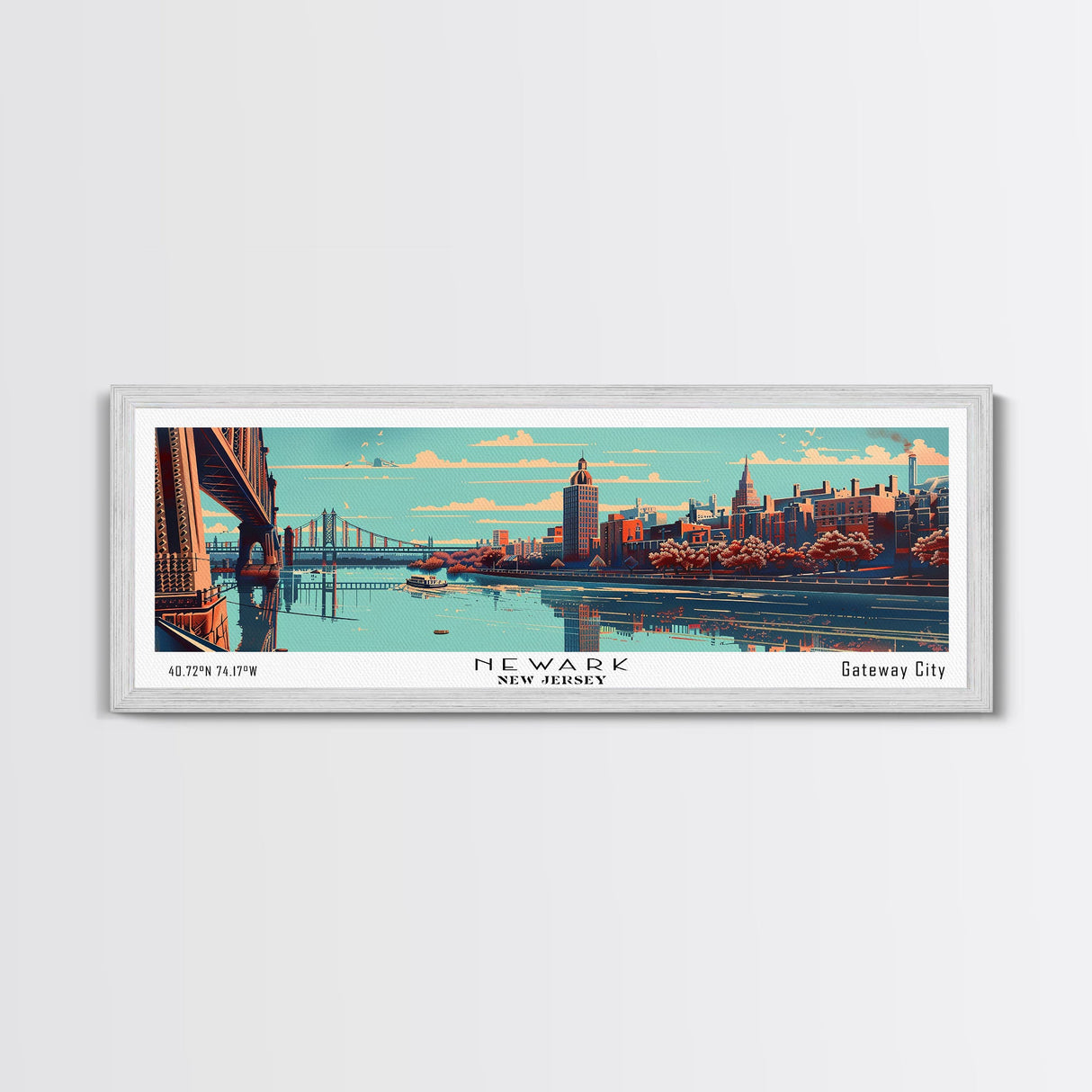 Newark New Jersey Panoramic Wall Art, Mid Century Modern Framed Canvas Print, Retro Pop Art Travel Poster, Office Decor, Gift Idea