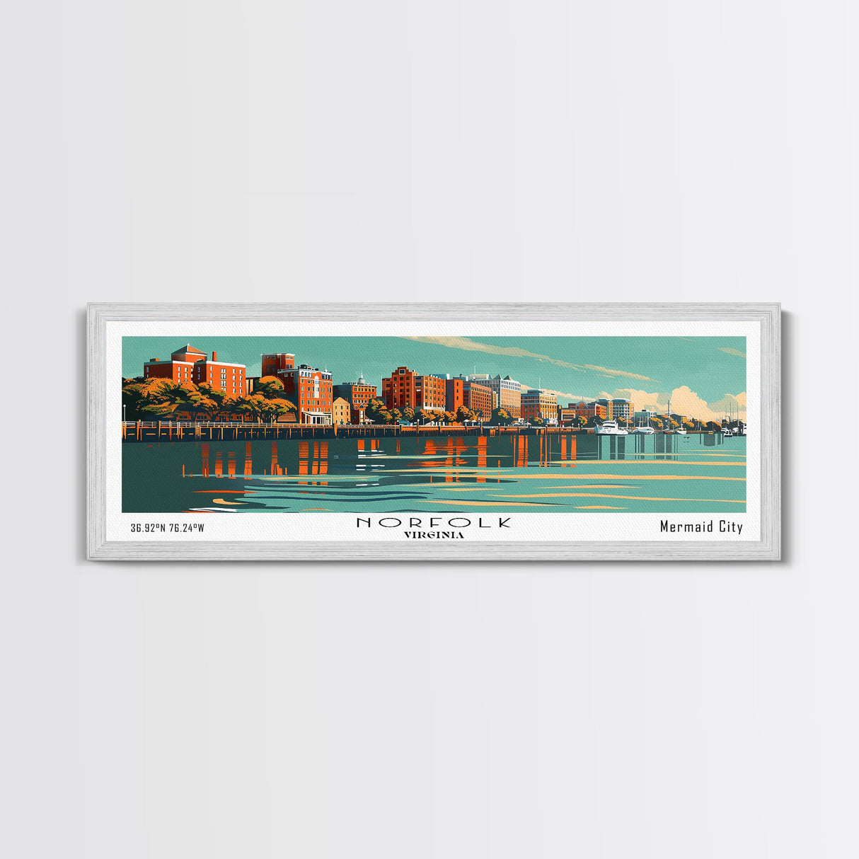 Norfolk Virginia Panoramic Painting, Mid Century Modern Framed Canvas Print, Retro Pop Art Travel Poster, Living Room Wall Decor