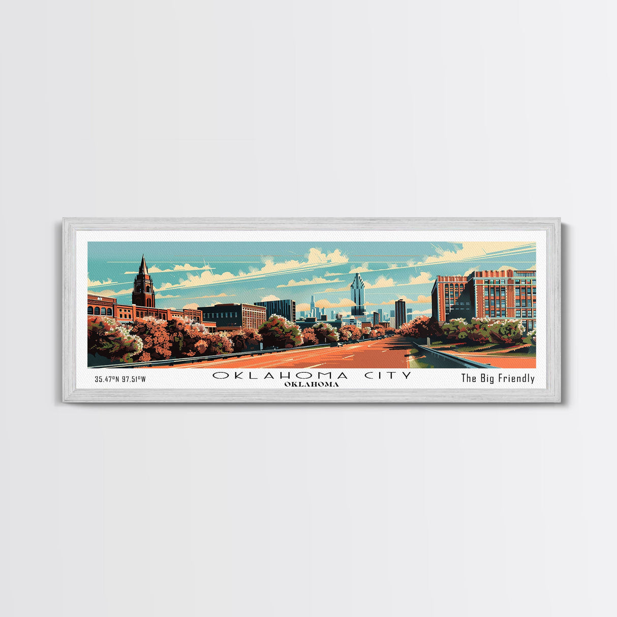 Oklahoma City Oklahoma Panoramic Wall Art, Mid Century Modern Framed Canvas Print, Retro Pop Art Travel Poster, Office Decor, Gift Idea