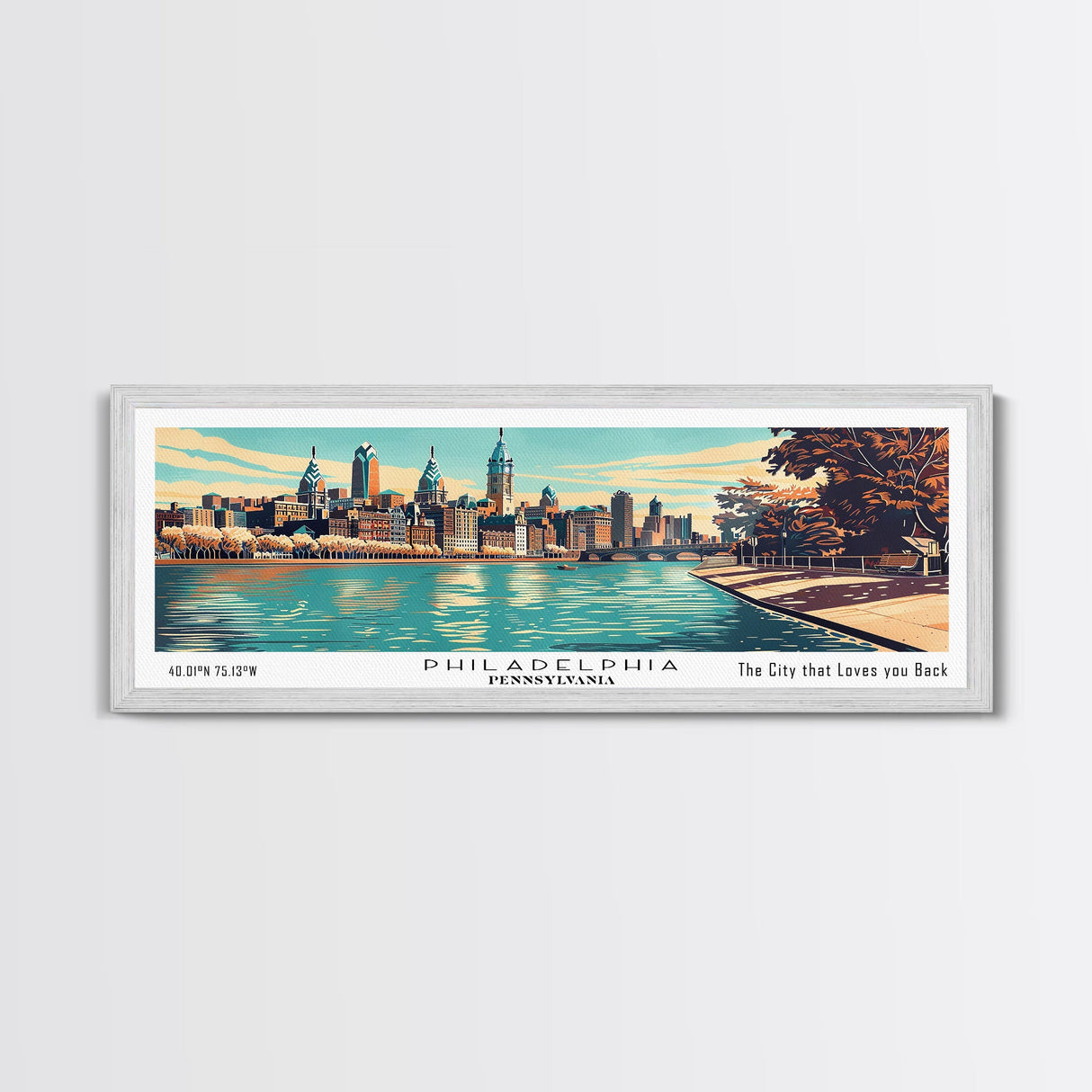 Philadelphia Pennsylvania Panoramic Painting, Mid Century Modern Framed Canvas Print, Retro Pop Art Travel Poster, Home Decor, Cityscape Art