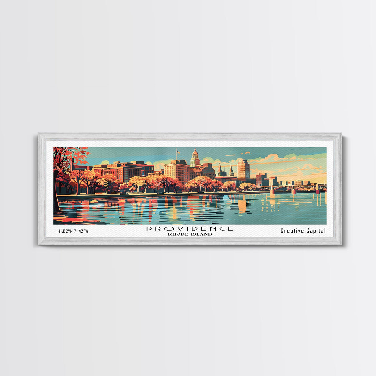 Providence Rhode Island Panoramic View, Mid Century Modern Framed Canvas Print, Retro Pop Art Travel Poster, Living Room Wall Decor