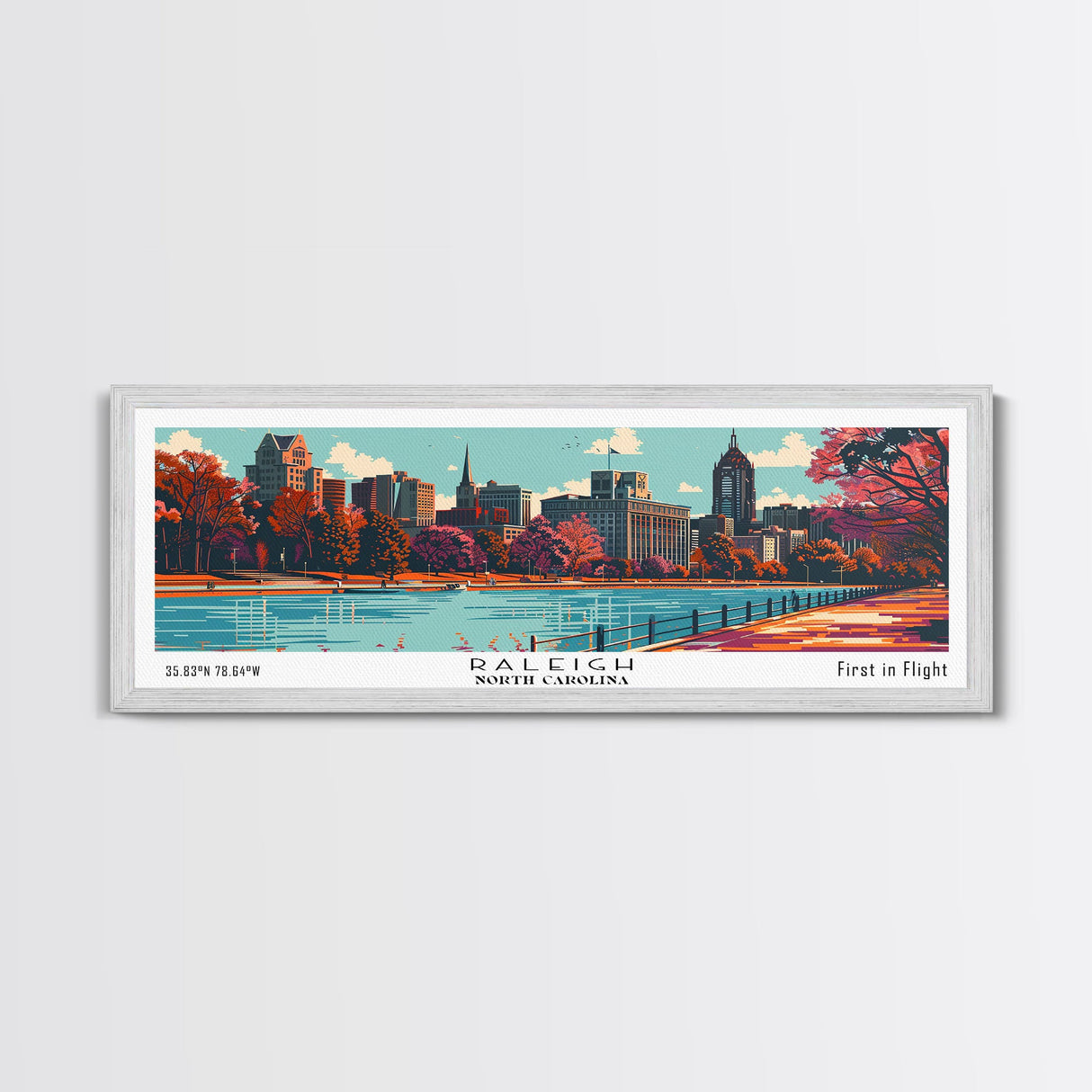 Raleigh North Carolina Panoramic Wall Art, Mid Century Modern Framed Canvas Print, Retro Pop Art Travel Poster, Office Decor, Gift Idea