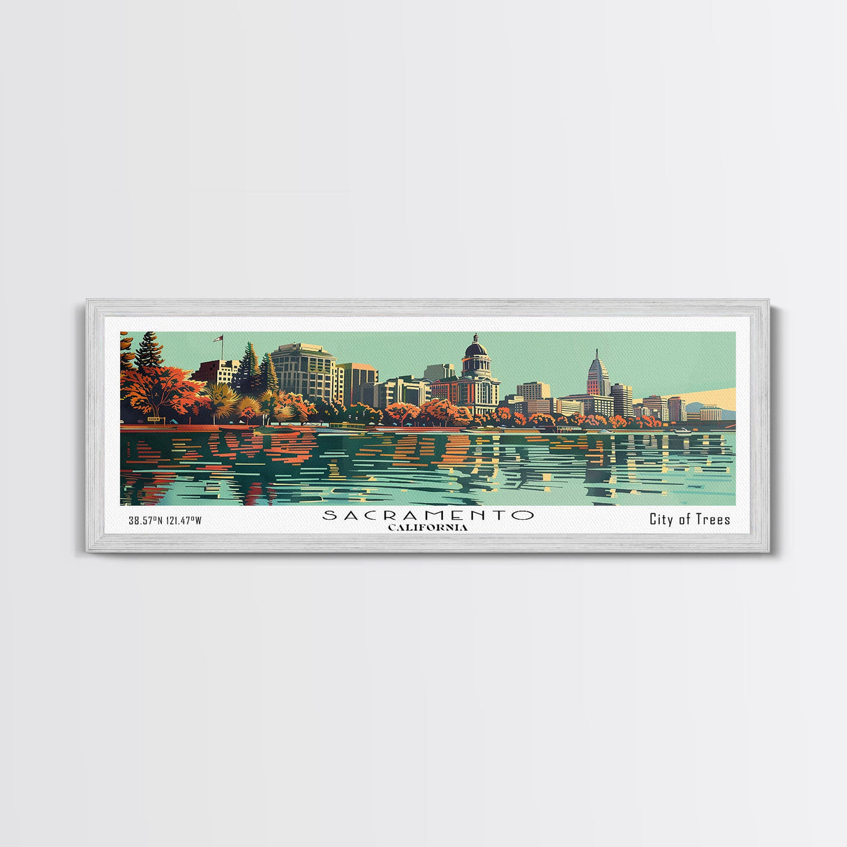 Sacramento California Panoramic Painting, Mid Century Modern Framed Canvas Print, Retro Pop Art Travel Poster, Cityscape, Home Decor, Office Wall Art