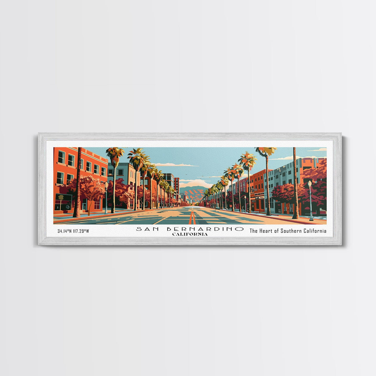 San Bernardino California Panoramic Painting, Mid Century Modern Framed Canvas Print, Retro Pop Art Travel Poster, Cityscape, Home Decor, Office Wall Art