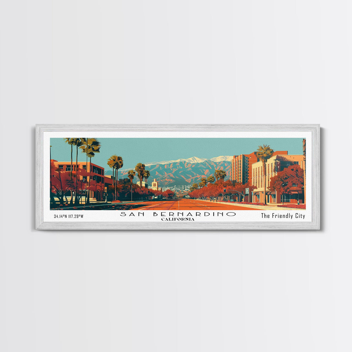 San Bernardino California Panoramic Wall Art, Mid Century Modern Framed Canvas Print, Retro Pop Art Cityscape, Travel Poster, Living Room Decor