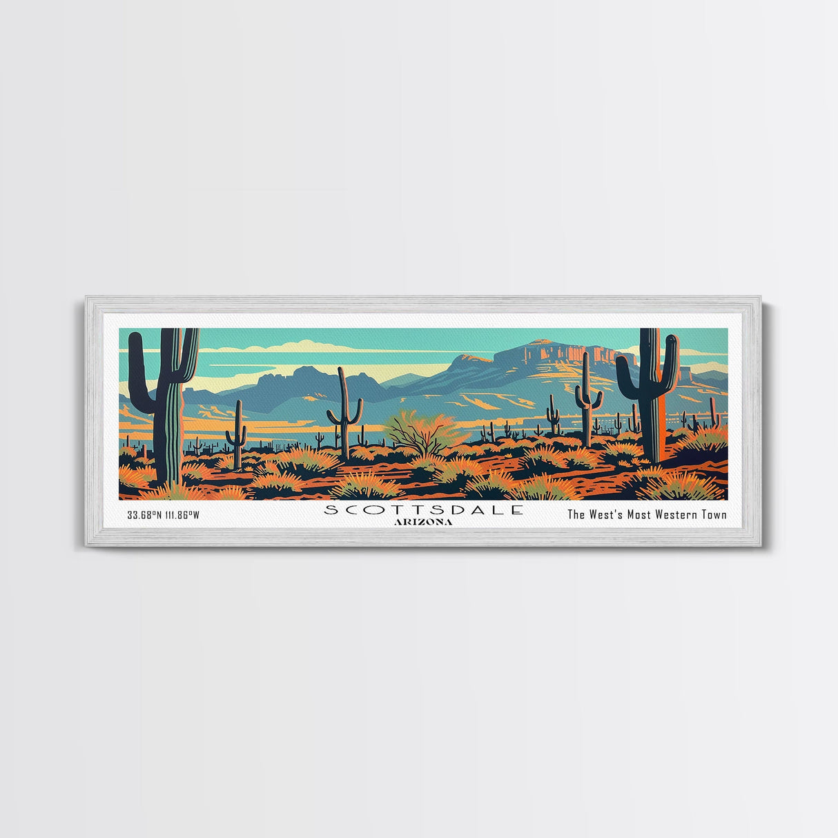 Scottsdale Arizona Panoramic Painting, Mid Century Modern Framed Canvas Print, Retro Pop Art Travel Poster, Cityscape, Home Decor, Office Wall Art