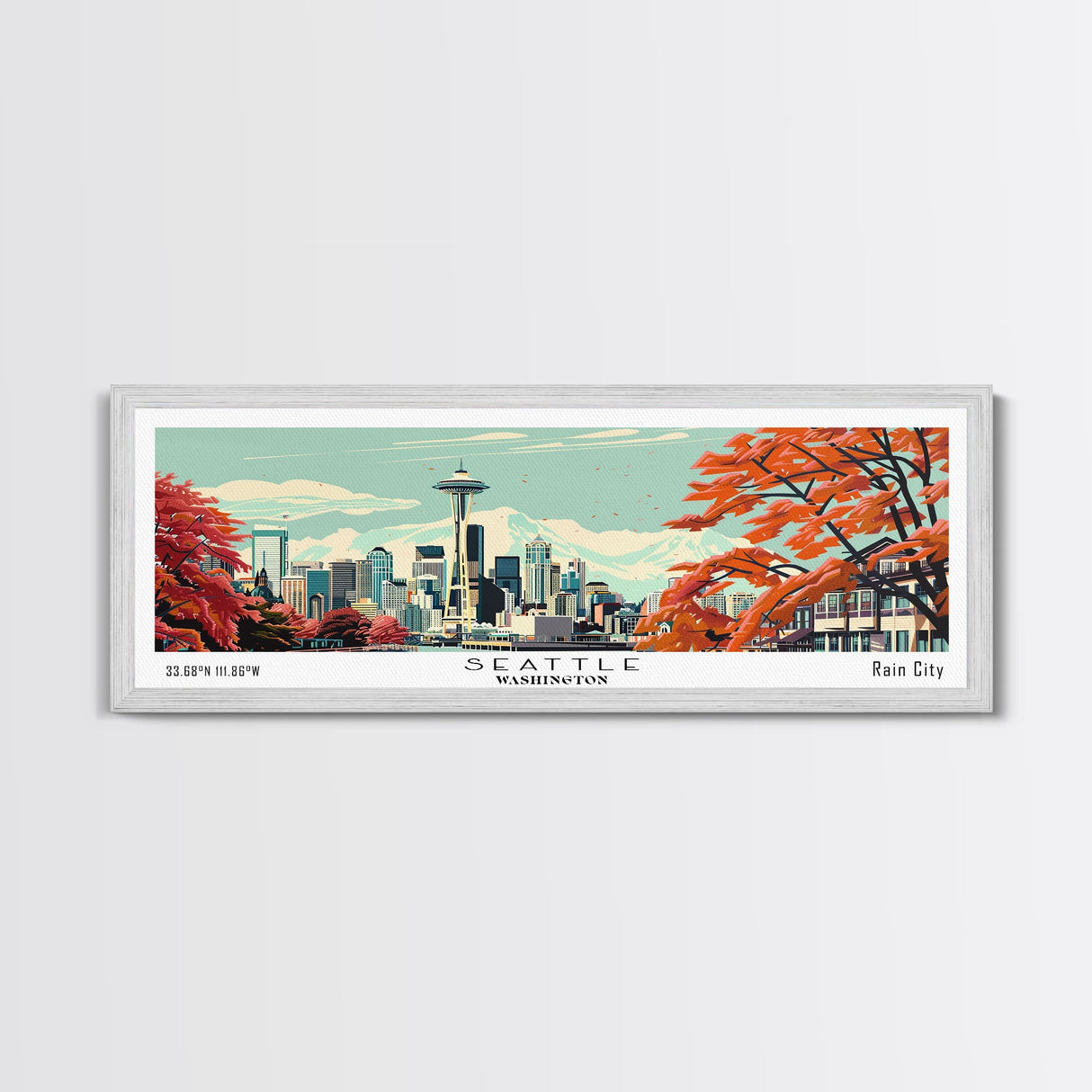 Seattle Washington Panoramic Painting, Mid Century Modern Framed Canvas Print, Retro Pop Art Travel Poster, Cityscape, Home Decor, Office Wall Art