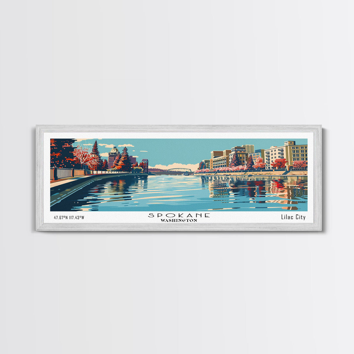 Spokane Washington Panoramic Painting, Mid Century Modern Framed Canvas Print, Retro Pop Art Travel Poster, Cityscape, Home Decor, Office Wall Art