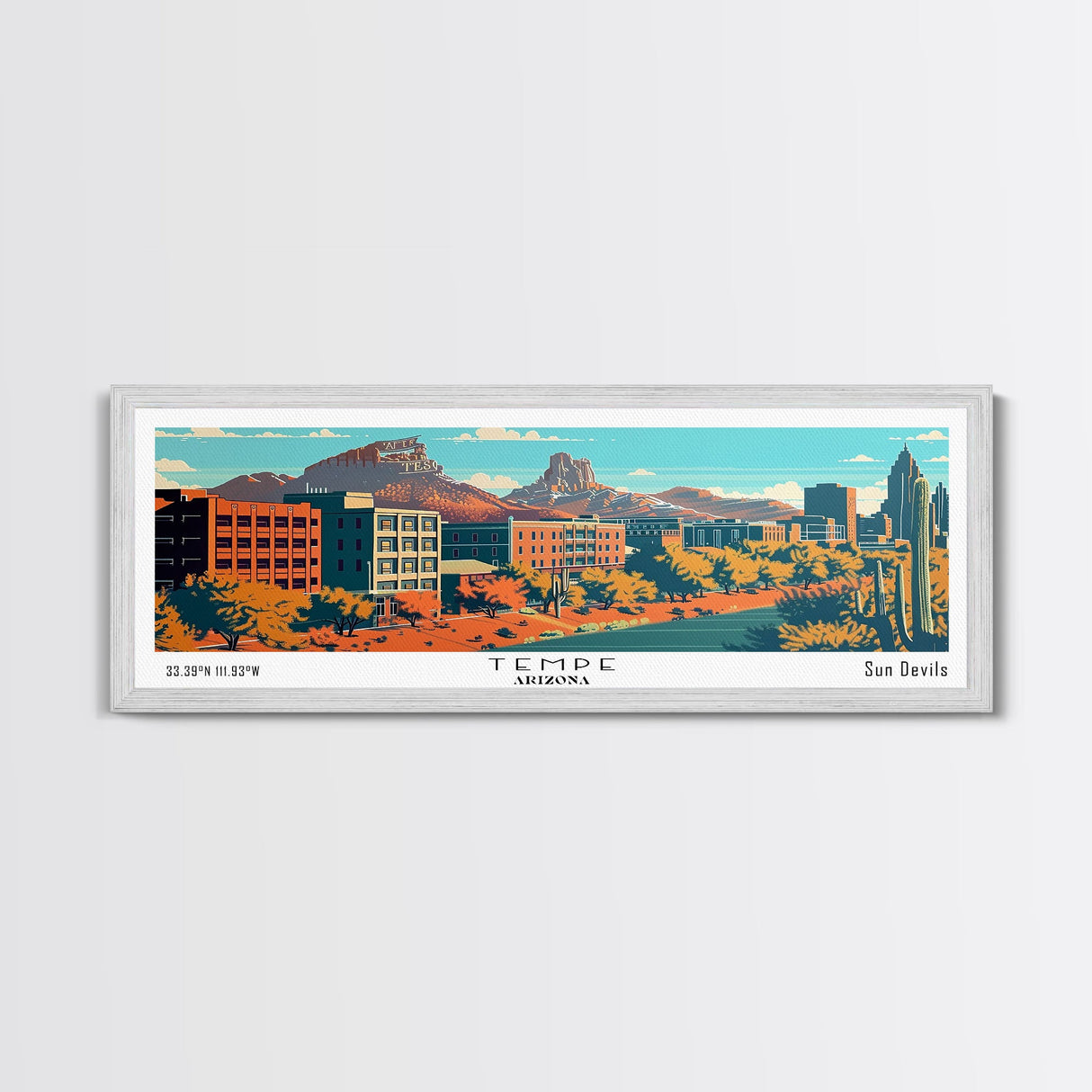 Tempe Arizona Panoramic Painting, Mid Century Modern Framed Canvas Print, Retro Pop Art Travel Poster, Cityscape, Home Decor, Office Wall Art