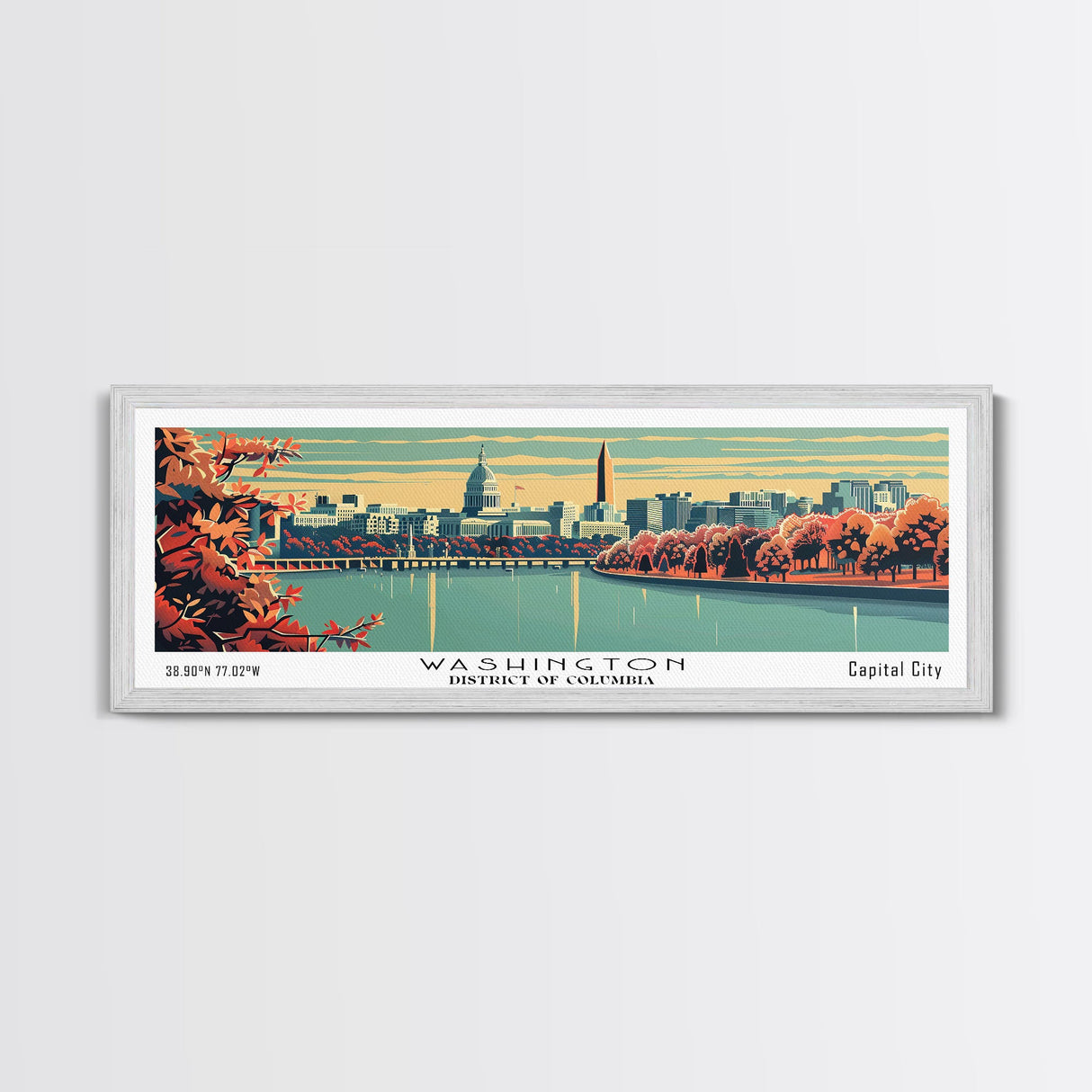 Washington DC Panoramic Wall Art, Mid Century Modern Framed Canvas Print, Retro Pop Art Travel Poster, Cityscape Decor, Office Wall Art