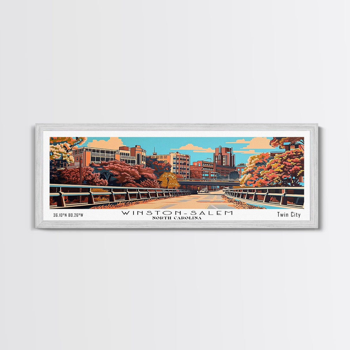 Winston-Salem North Carolina Panoramic Wall Art, Mid Century Modern Framed Canvas Print, Retro Pop Art Travel Poster, Cityscape Decor, Office Wall Art