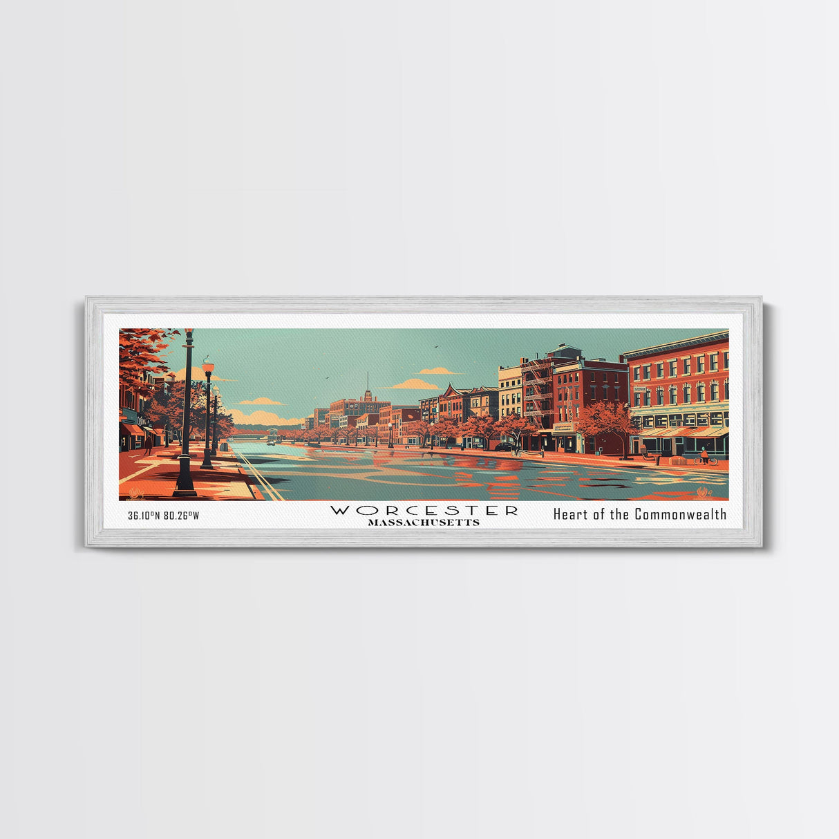 Worcester Massachusetts Panoramic Wall Art, Mid Century Modern Framed Canvas Print, Retro Pop Art Travel Poster, Cityscape Decor, Office Wall Art