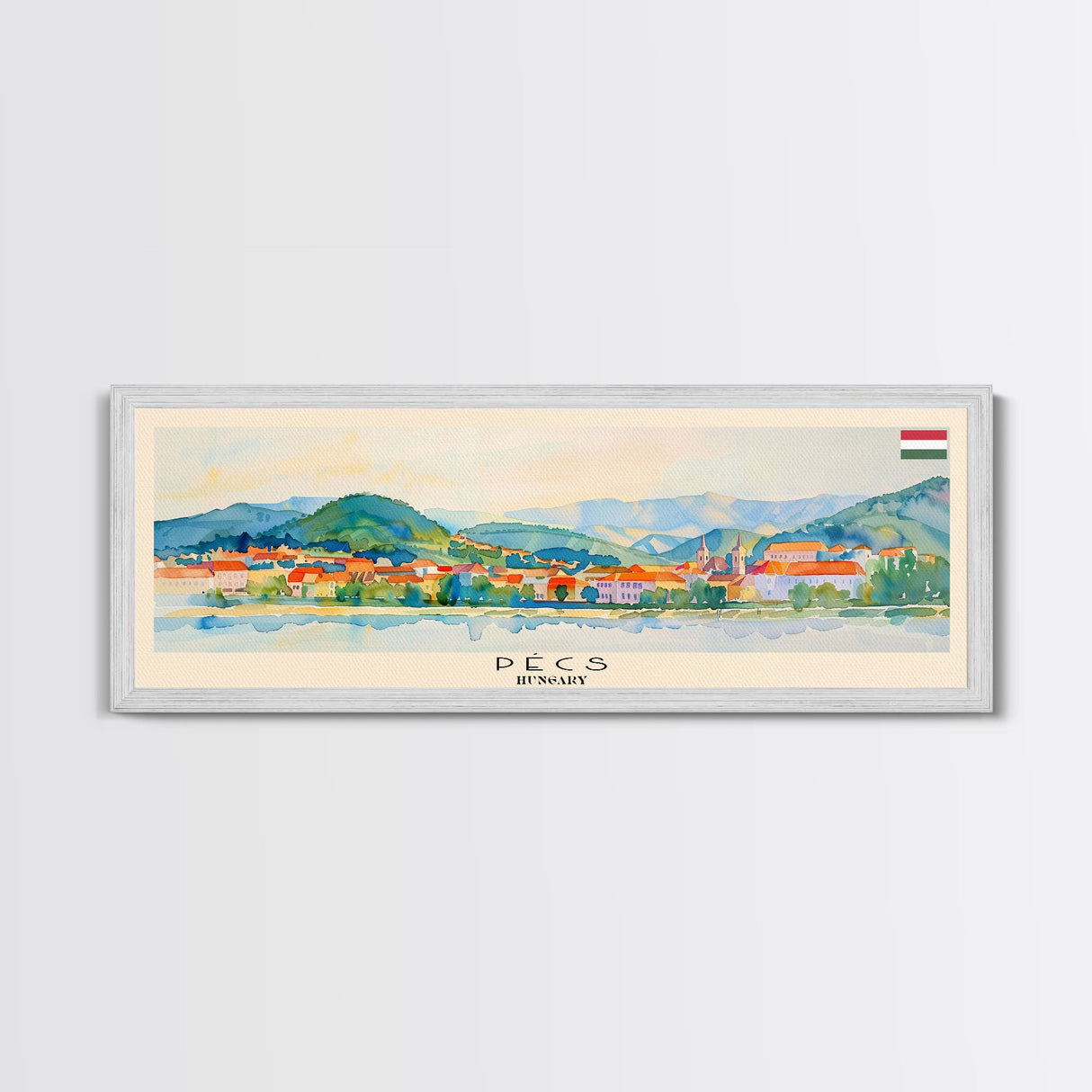 Pécs Hungary Panoramic Travel Poster, Framed Canvas Print or Metal Wall Art, Travel Art, Home Decor, Panoramic Painting, Midcentury Art