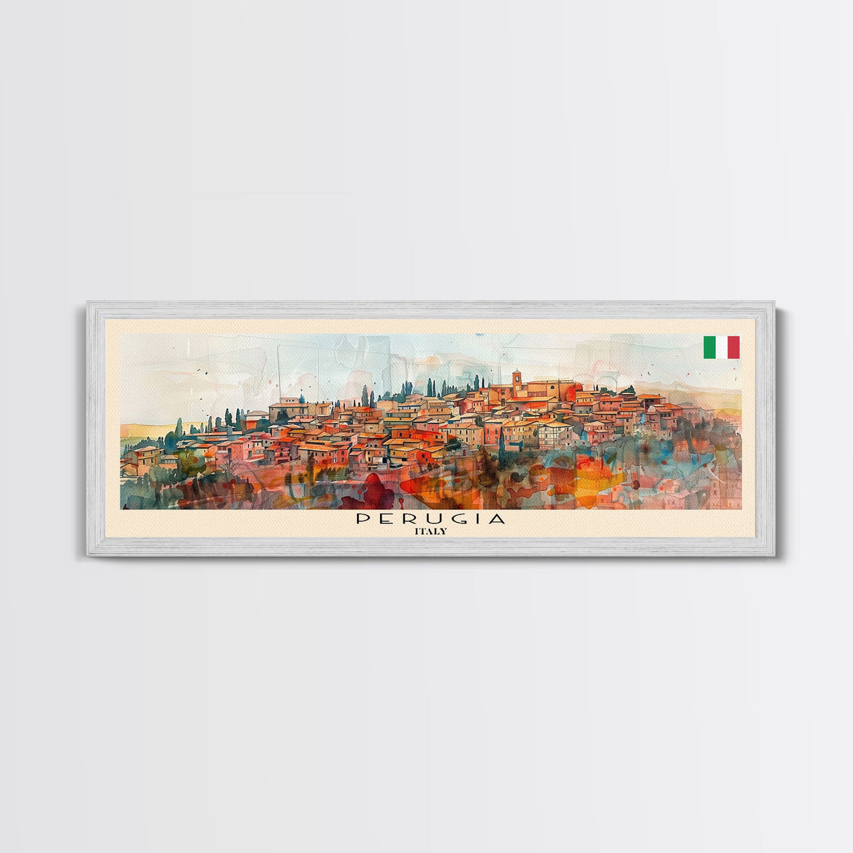 Perugia Italy Panoramic Travel Poster, Framed Canvas Print or Metal Wall Art, Travel Art, Home Decor, Panoramic Painting, Midcentury Art