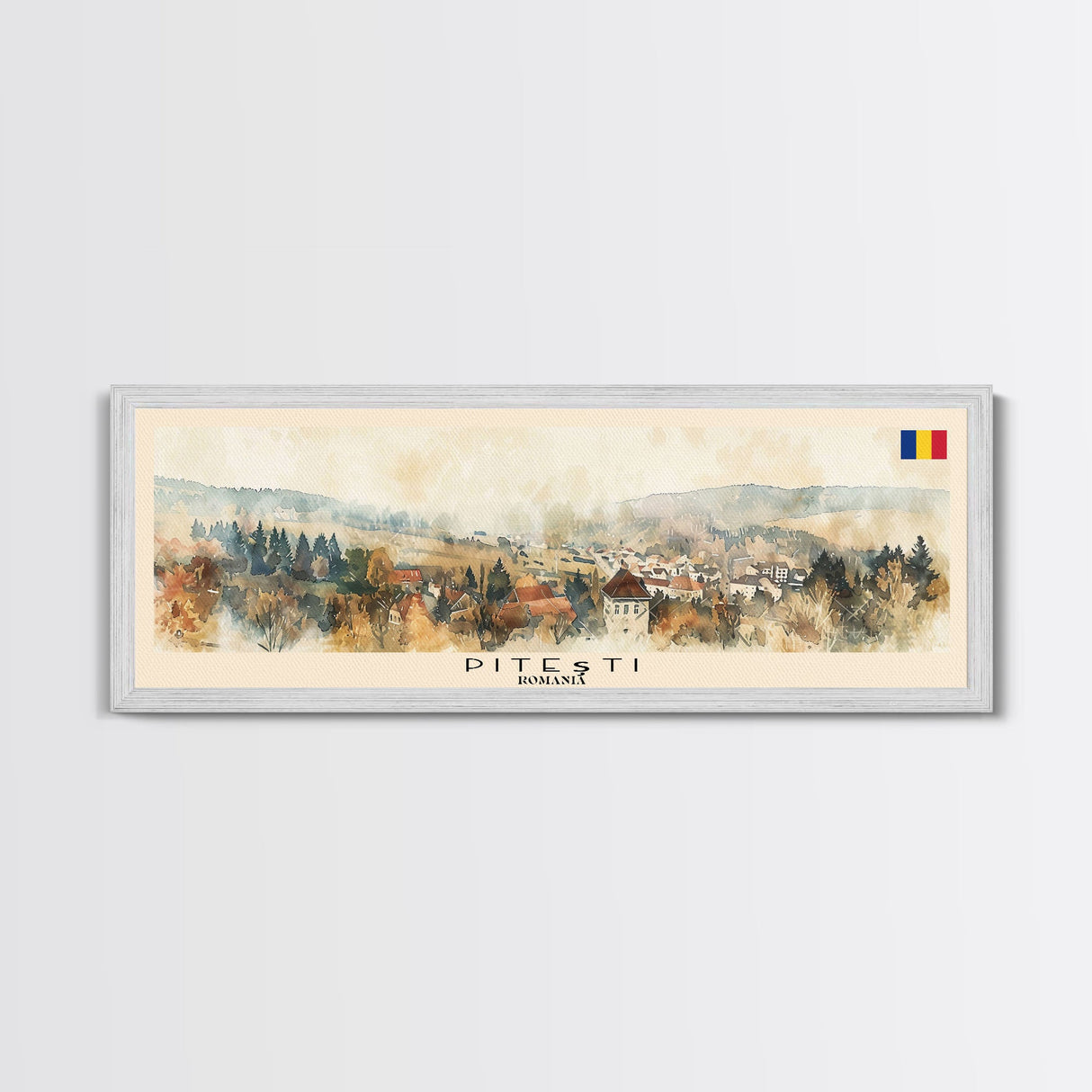 Piteti Romania Panoramic Travel Poster, Framed Canvas Print or Metal Wall Art, Travel Art, Home Decor, Panoramic Painting, Midcentury Art