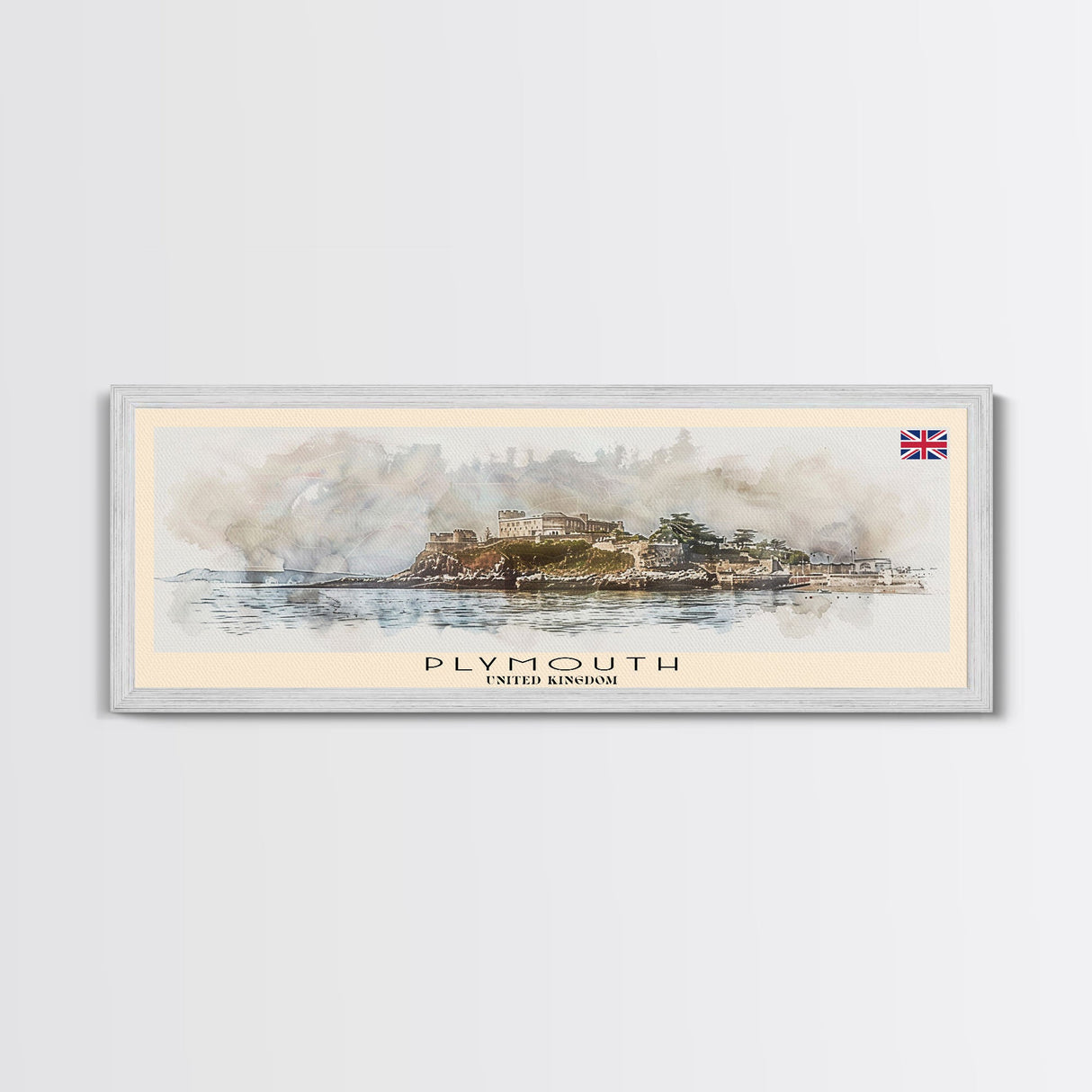 Plymouth United Kingdom Panoramic Travel Poster, Framed Canvas Print or Metal Wall Art, Travel Art, Home Decor, Panoramic Painting, Midcentury Art