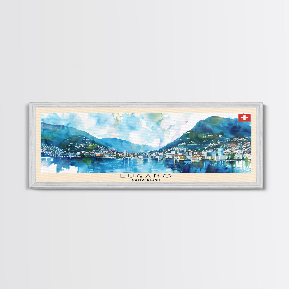 Lugano Switzerland Panoramic Travel Poster, Framed Canvas Print or Metal Wall Art, Travel Art, Home Decor, Panoramic Painting, Midcentury Art