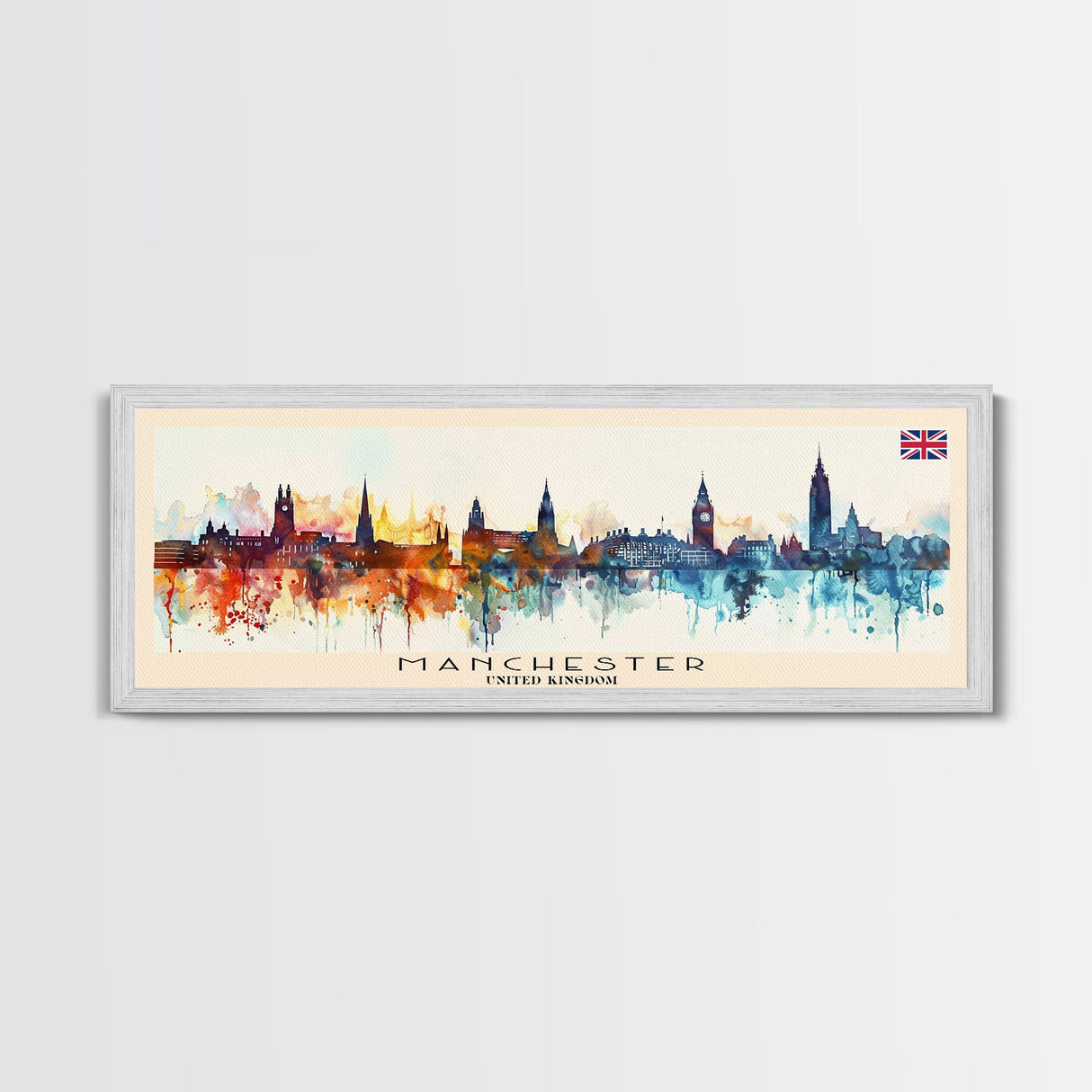 Manchester United Kingdom Panoramic Travel Poster, Framed Canvas Print or Metal Wall Art, Travel Art, Home Decor, Panoramic Painting, Midcentury Art