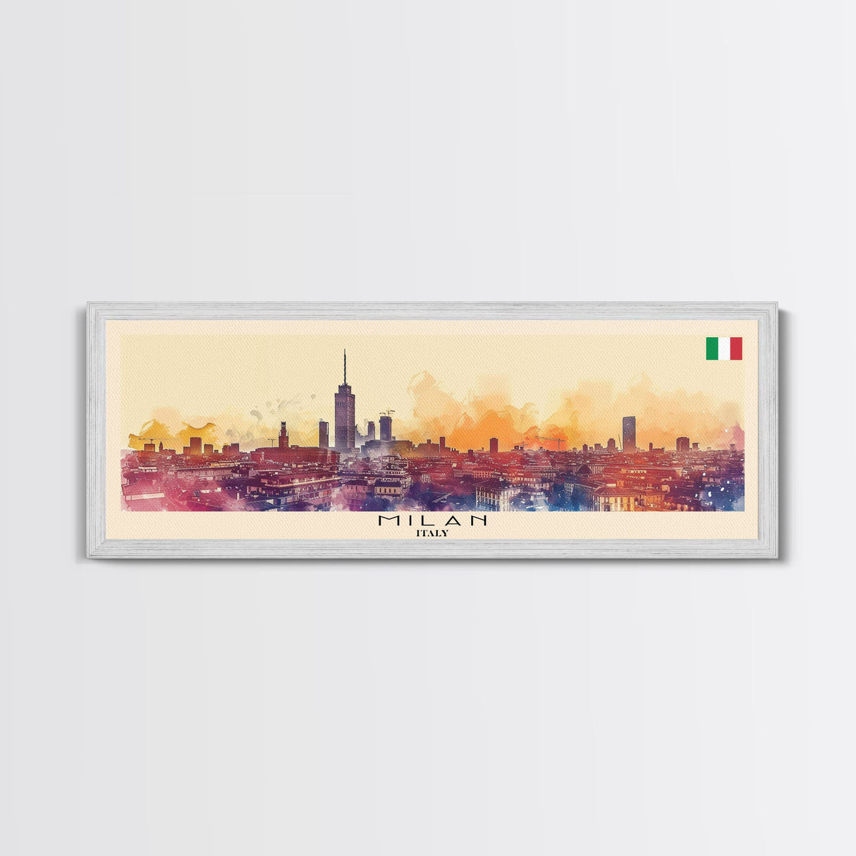 Milan Italy Panoramic Travel Poster, Framed Canvas Print or Metal Wall Art, Travel Art, Home Decor, Panoramic Painting, Midcentury Art