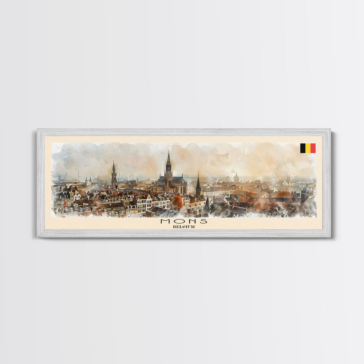 Mons Belgium Panoramic Travel Poster, Framed Canvas Print or Metal Wall Art, Travel Art, Home Decor, Panoramic Painting, Midcentury Art