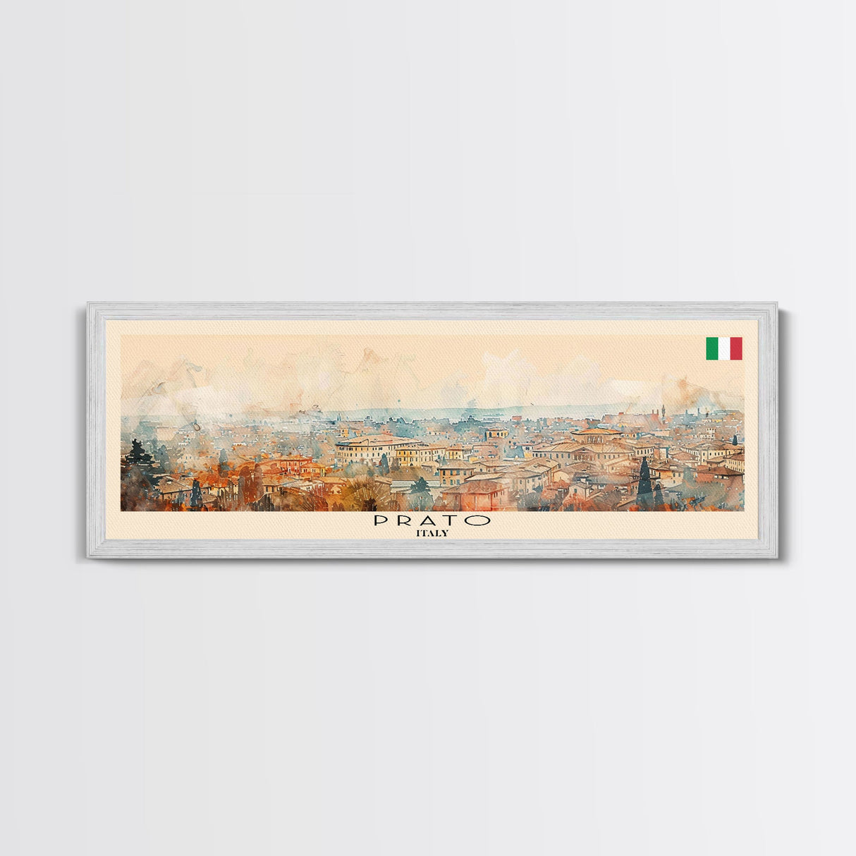 Prato Italy Panoramic Travel Poster, Framed Canvas Print or Metal Wall Art, Travel Art, Home Decor, Panoramic Painting, Midcentury Art