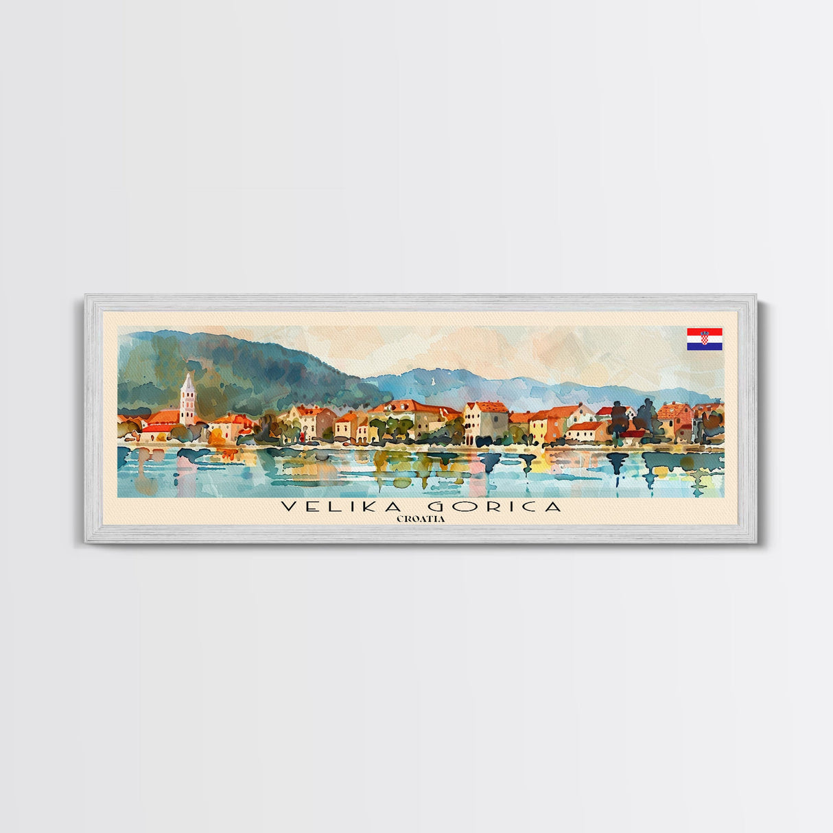 Velika Gorica Croatia Panoramic Travel Poster, Framed Canvas Print or Metal Wall Art, Travel Art, Home Decor, Panoramic Painting, Midcentury Art