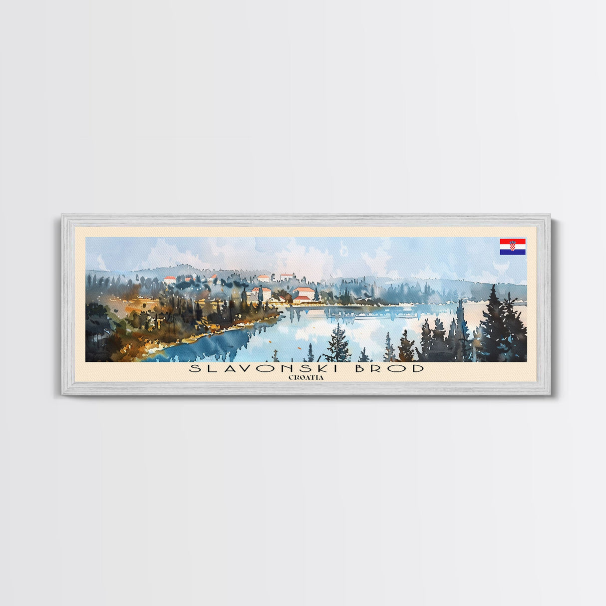 Slavonski Brod Croatia Panoramic Travel Poster, Framed Canvas Print or Metal Wall Art, Travel Art, Home Decor, Panoramic Painting, Midcentury Art