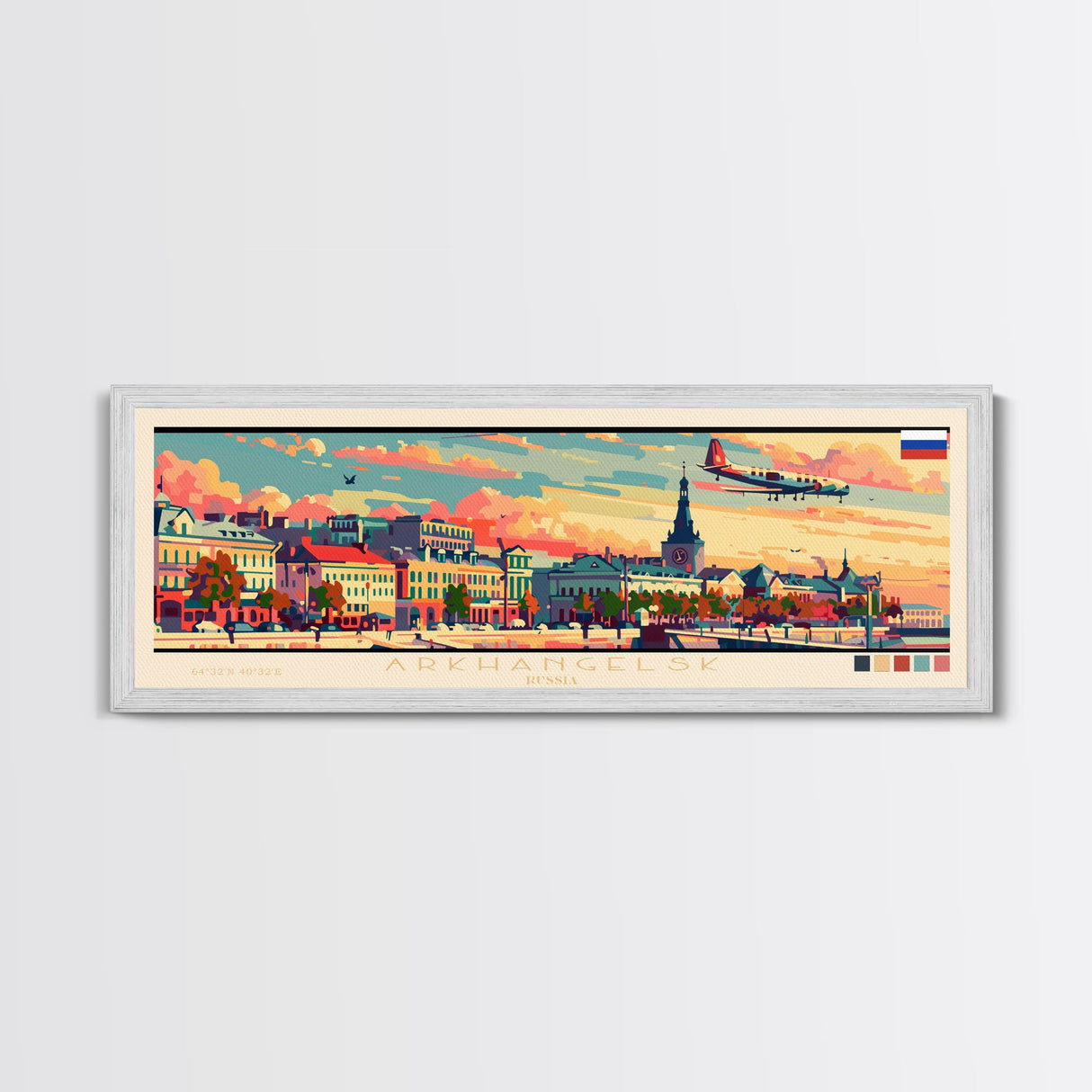 Arkhangelsk Russia Panoramic Travel Poster, Framed Canvas Print or Metal Wall Art, Travel Art, Home Decor, Panoramic Painting, Midcentury Art