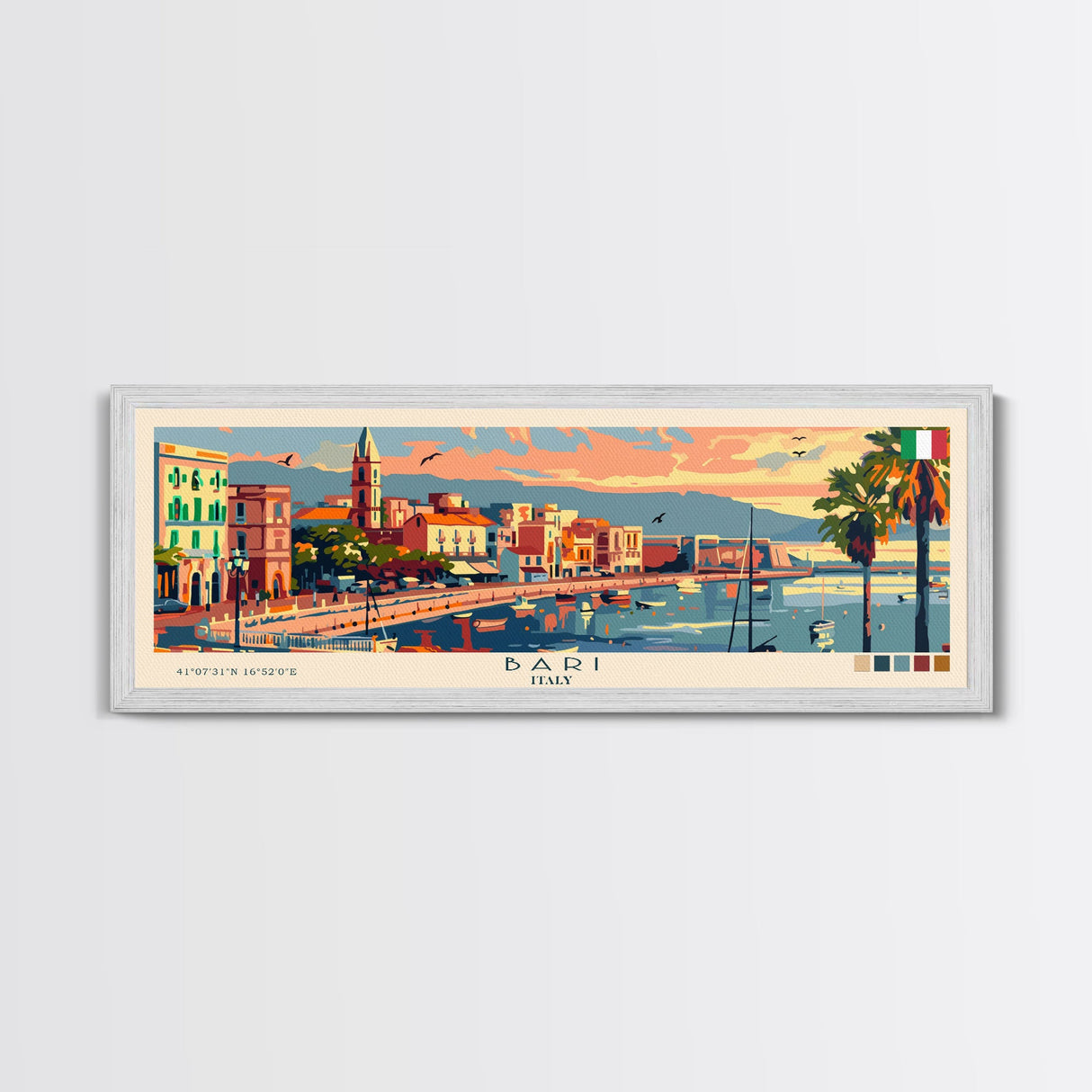 Bari Italy Travel Art, City Art, Framed Canvas Print or Metal Wall Art, Europe Travel Poster, Panoramic Wall Art, Extra Wide Wall Art