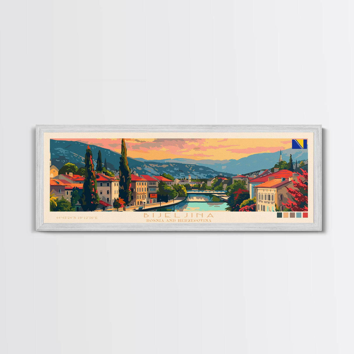 Bijeljina Bosnia Panoramic Travel Poster, Framed Canvas Print or Metal Wall Art, Travel Art, Home Decor, Panoramic Painting, Midcentury Art